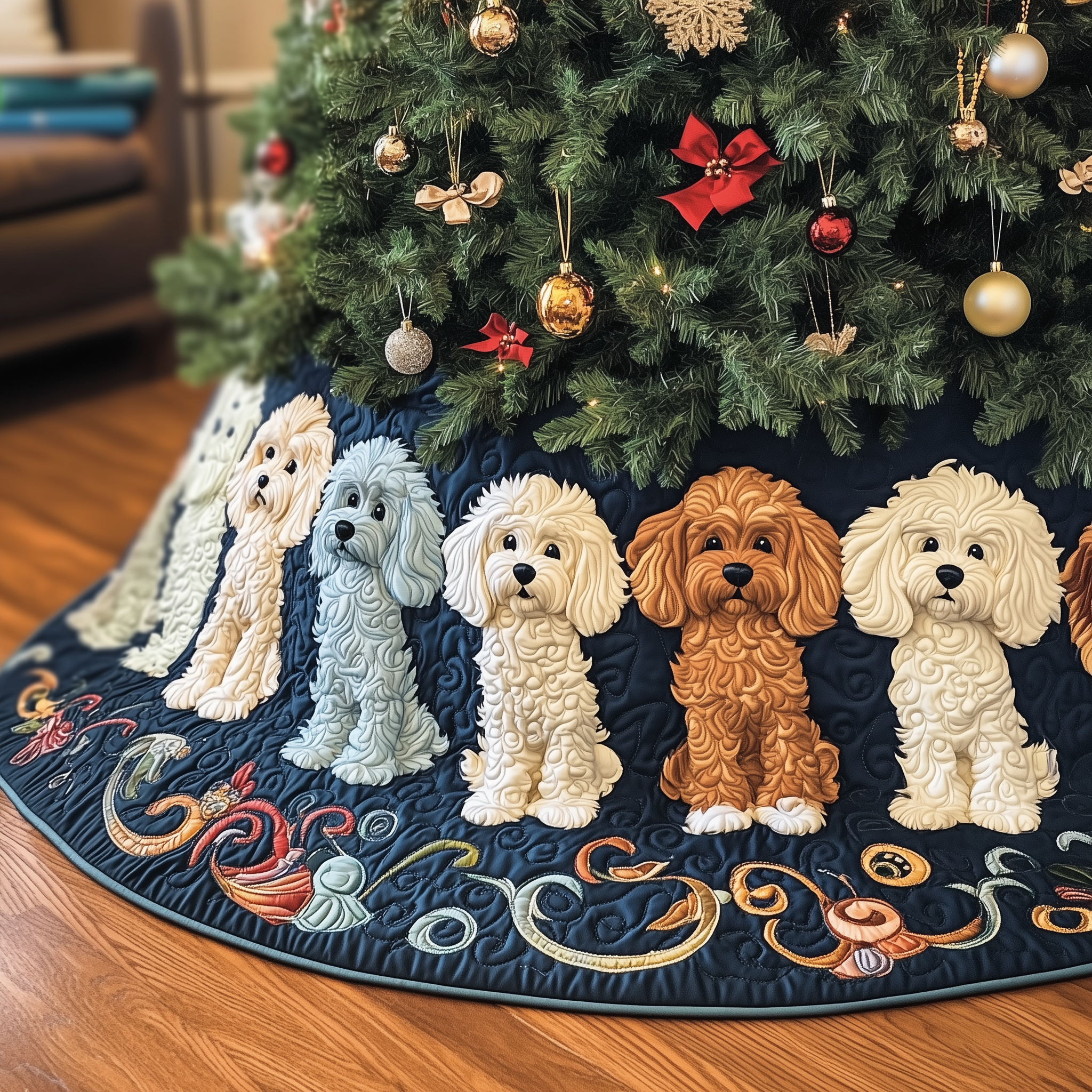 Adorable Poodle Quilted Tree Skirt Xmas Tree Base Cover Christmas Decorations Gifts For Poodle Lovers-1 Adorable Poodle Quilted Tree Skirt Xmas Tree Base Cover Christmas Decorations Gifts For Poodle Lovers-1
