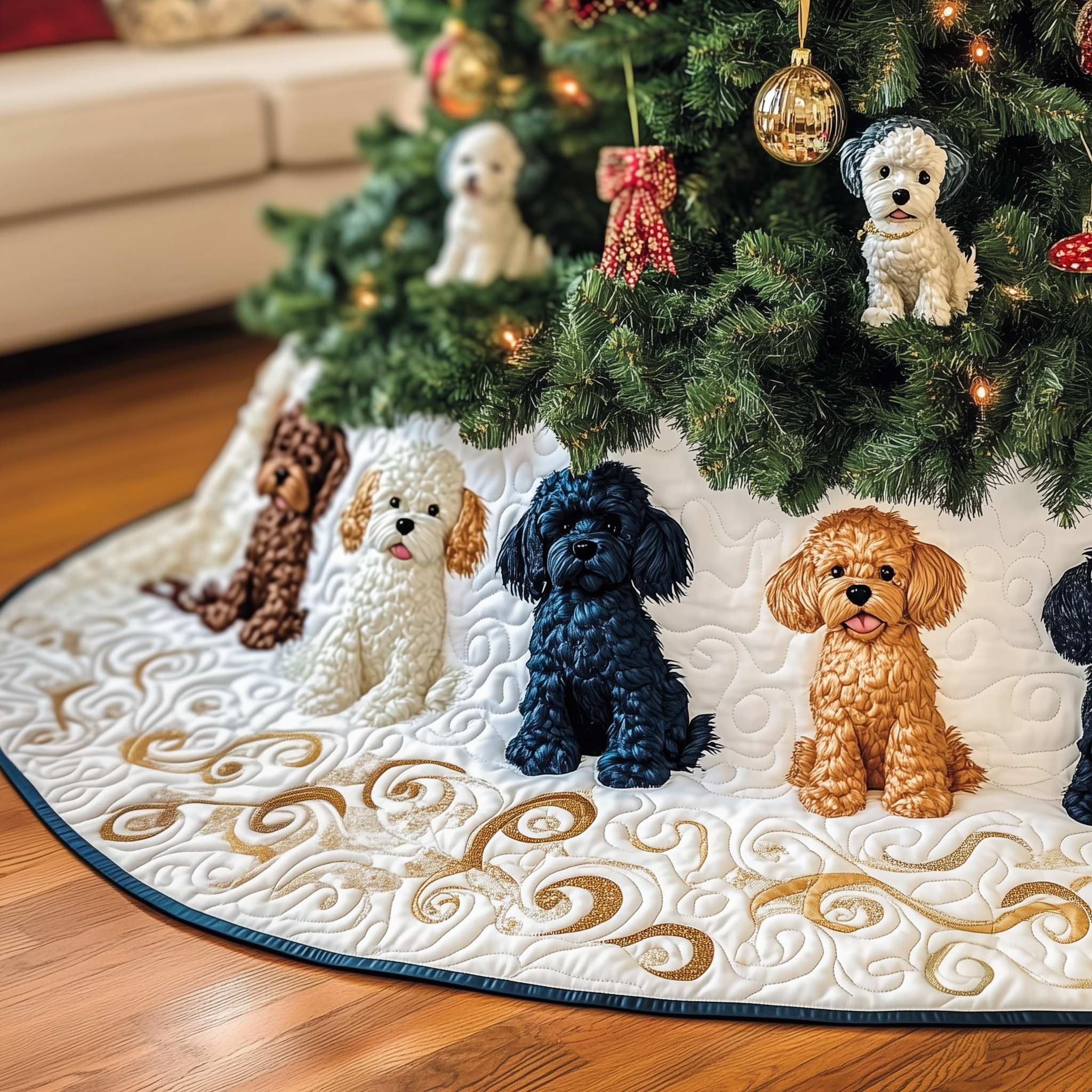 Adorable Poodle Quilted Tree Skirt Xmas Tree Base Cover Decorations Poodle Christmas Gifts-1 Adorable Poodle Quilted Tree Skirt Xmas Tree Base Cover Decorations Poodle Christmas Gifts-1