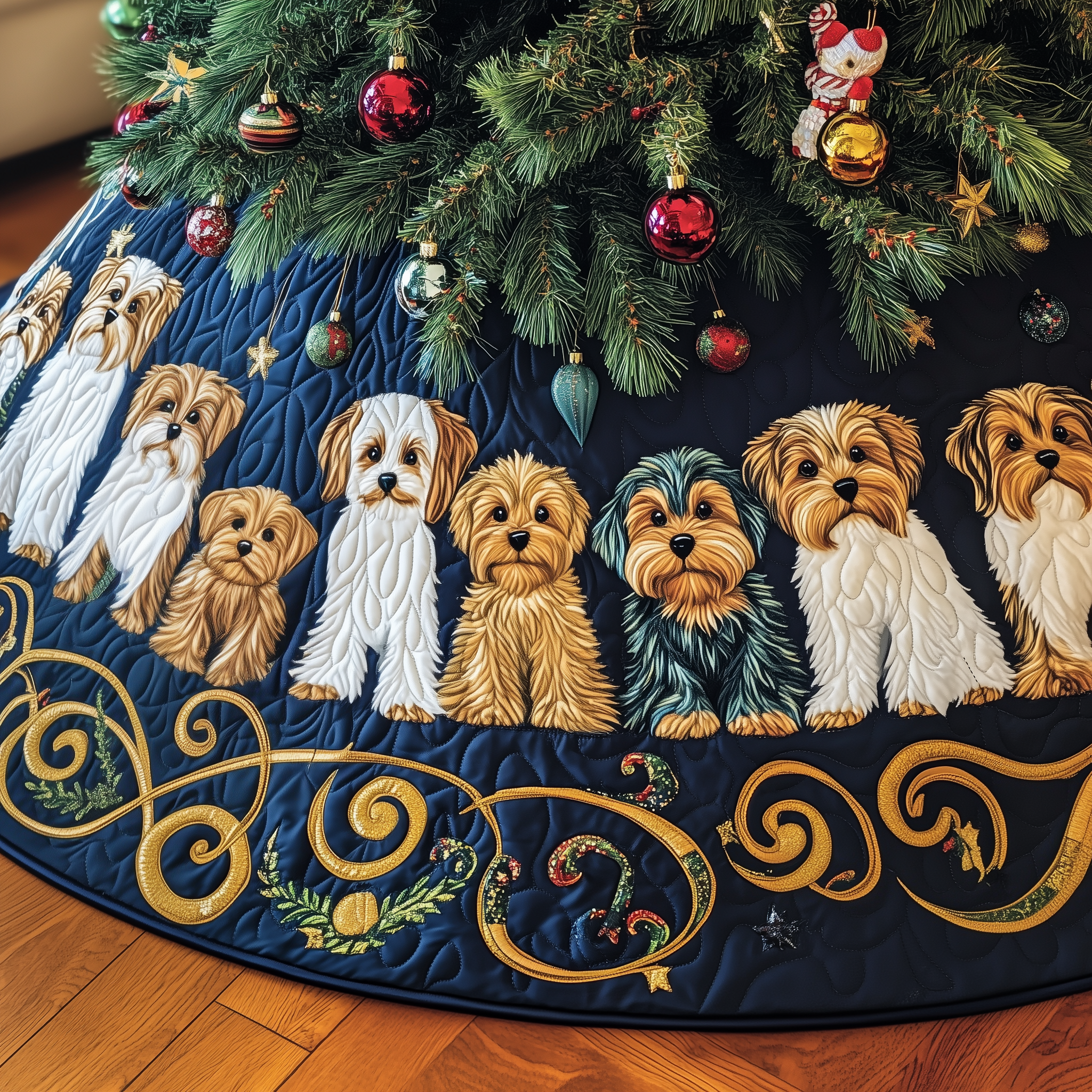 Adorable Yorkshire Terrier Quilted Tree Skirt Xmas Tree Base Cover Christmas Gifts For Yorkshire Terrier Lovers-1 Adorable Yorkshire Terrier Quilted Tree Skirt Xmas Tree Base Cover Christmas Gifts For Yorkshire Terrier Lovers-1