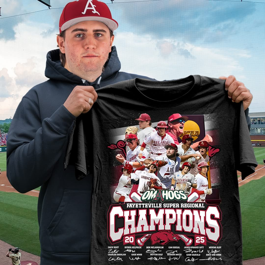 Arkansas Razorback Fayetteville 2025 Super Regional Champions Shirt The Omahogs Merch-1 Arkansas Razorback Fayetteville 2025 Super Regional Champions Shirt The Omahogs Merch-1