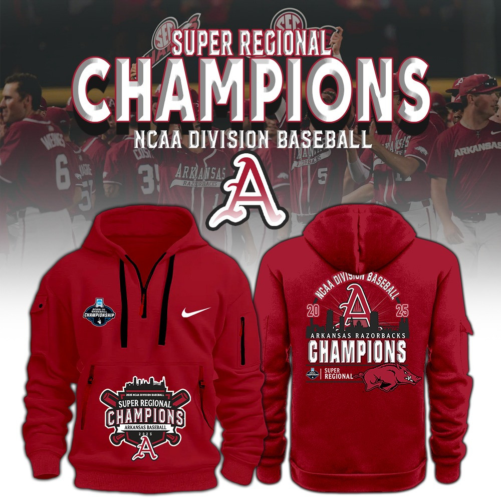 Arkansas Razorbacks Baseball 2025 Super Regionals Champions Quarter Zip Hoodie Omahogs Merch-1 Arkansas Razorbacks Baseball 2025 Super Regionals Champions Quarter Zip Hoodie Omahogs Merch-1
