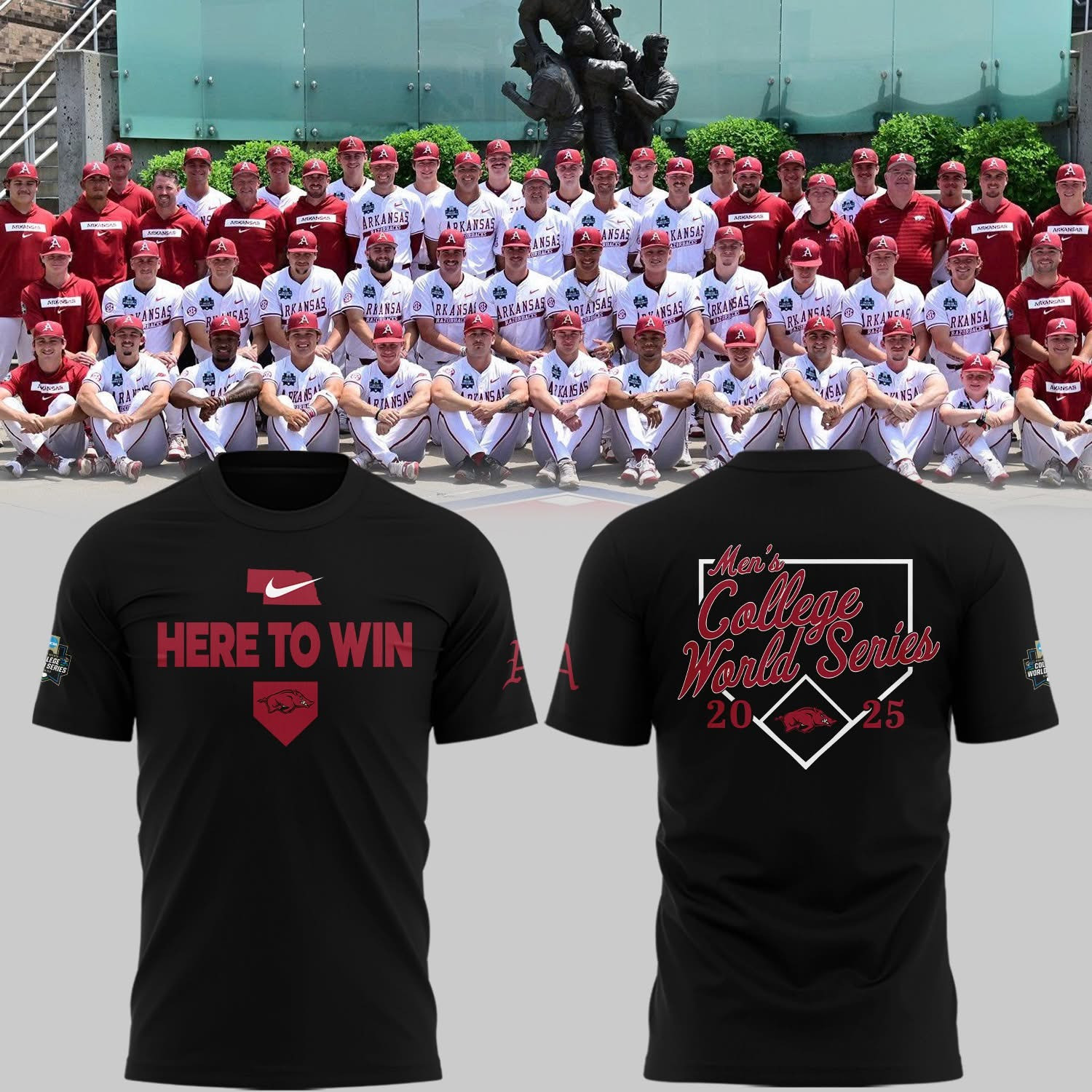 Arkansas Razorbacks Baseball Here To Win T-Shirt Men's College World Series 2025 Merch-1