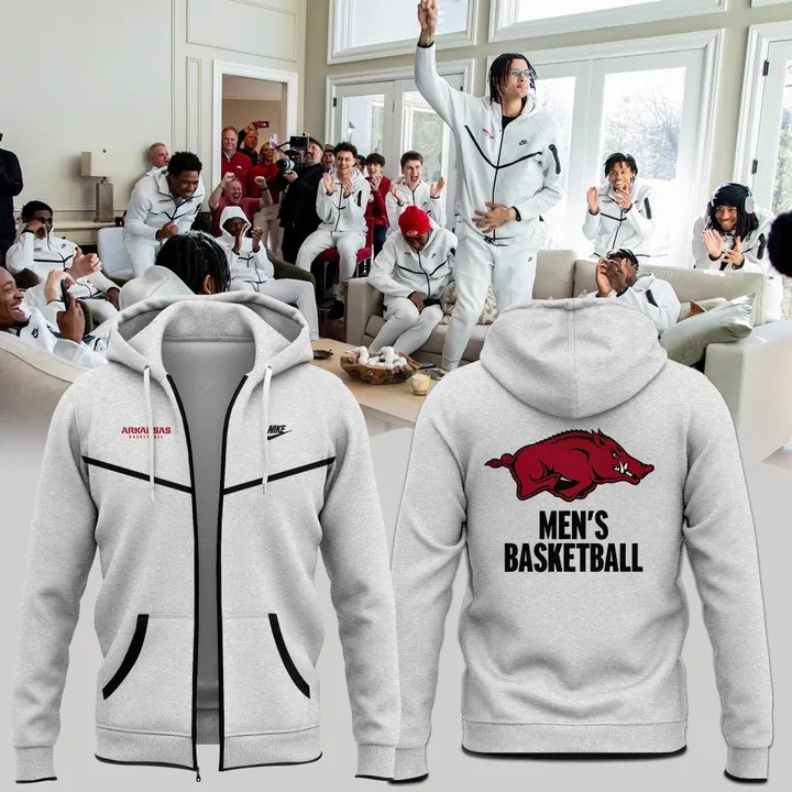 Arkansas Razorbacks Men's Basketball Uniform Zip Hoodie Grey The Hogs Merch Gifts For Him-1 Arkansas Razorbacks Men's Basketball Uniform Zip Hoodie Grey The Hogs Merch Gifts For Him-1