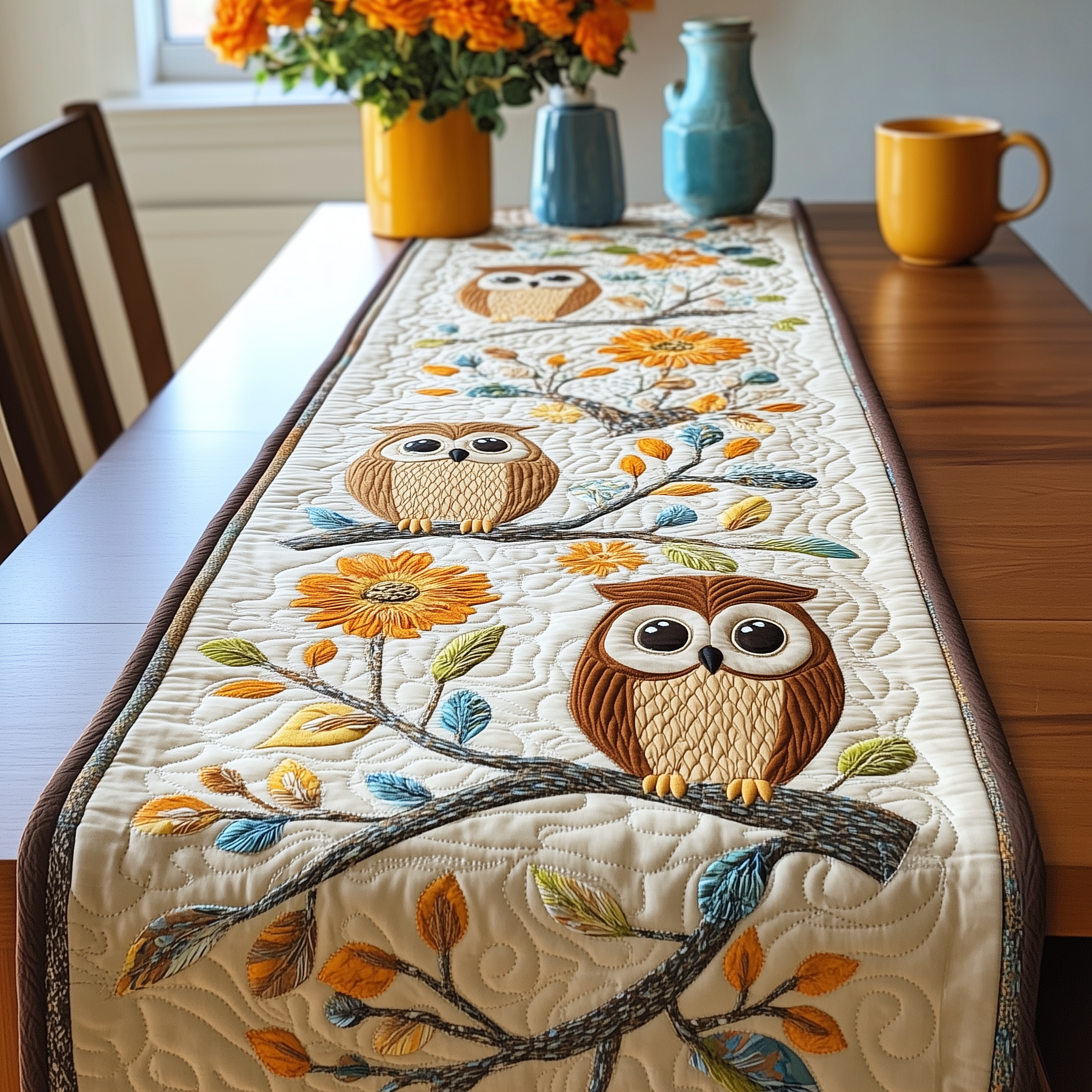 Autumn Owl Symphony Quilted Table Runner Holiday Best Owl Themed Christmas Gifts-1