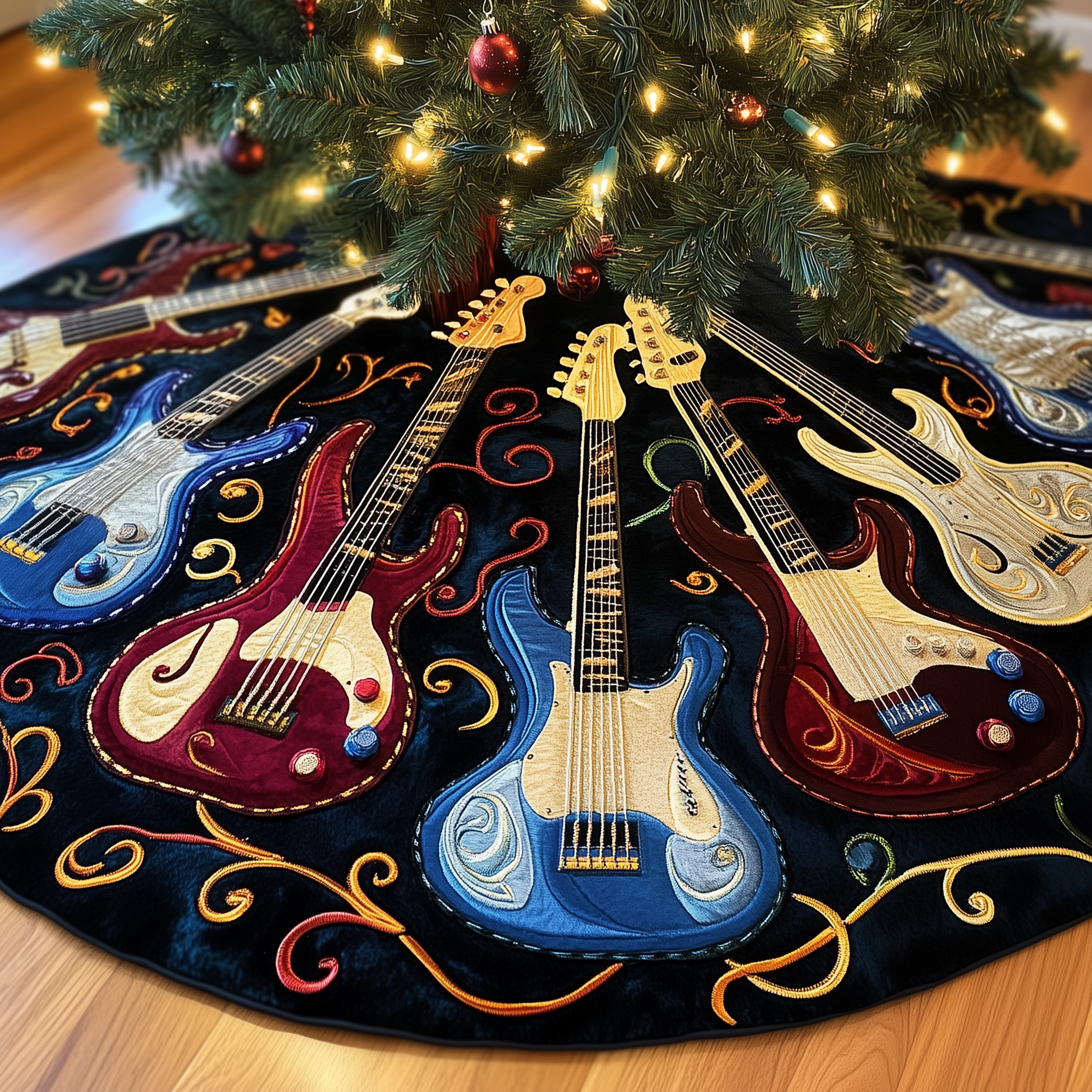 Bass Guitars Quilted Tree Skirt Xmas Decorations Best Christmas Gifts For Guitar Players-1 Bass Guitars Quilted Tree Skirt Xmas Decorations Best Christmas Gifts For Guitar Players-1