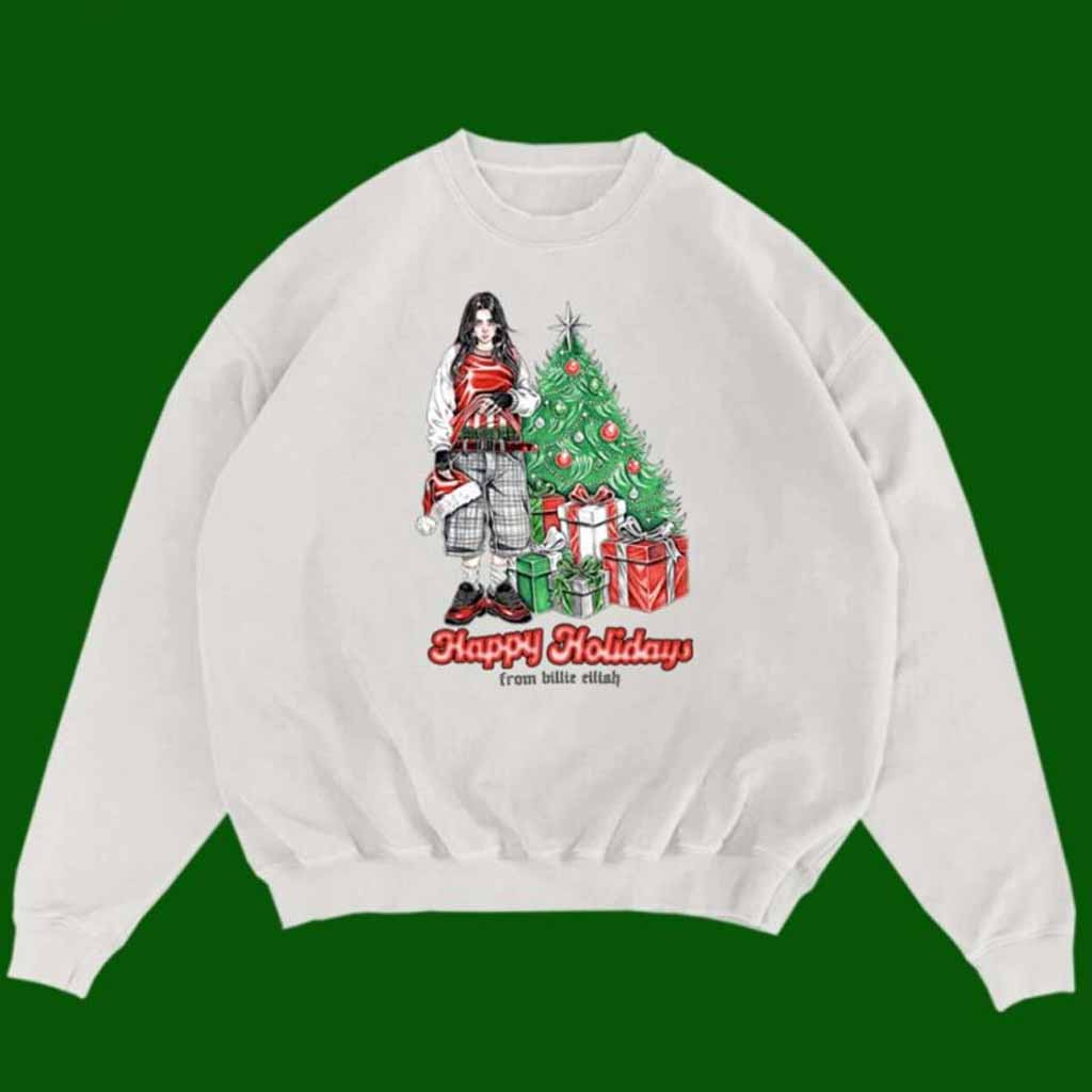 Billie Eilish Happy Holidays 2024 White Crewneck Sweatshirt Billie Eilish Merch Gifts For Music Lovers-1