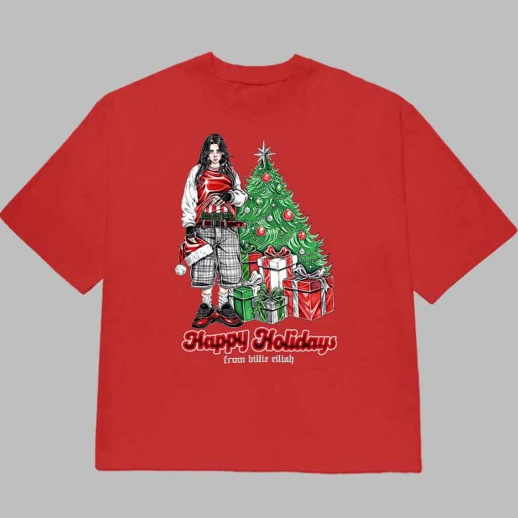 Billie Eilish Happy Holidays Red Shirt Billie Eilish Merch Best Gifts For Music Lovers-1