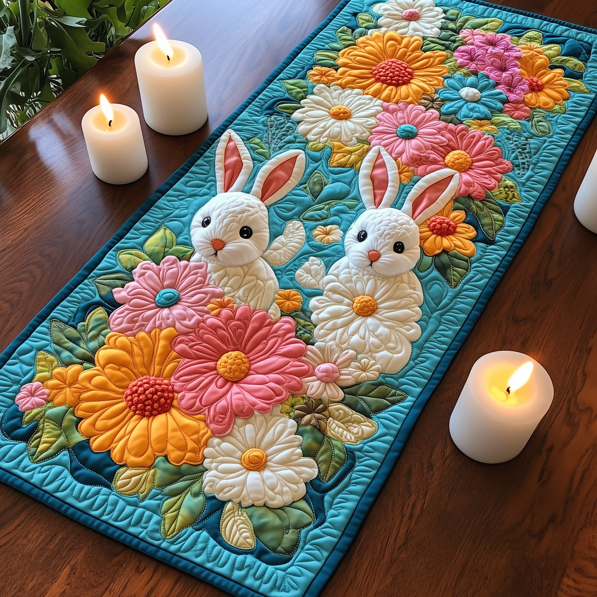 Blooming Bunny Haven Quilted Table Runner Gifts For Bunny Lovers-1 Blooming Bunny Haven Quilted Table Runner Gifts For Bunny Lovers-1