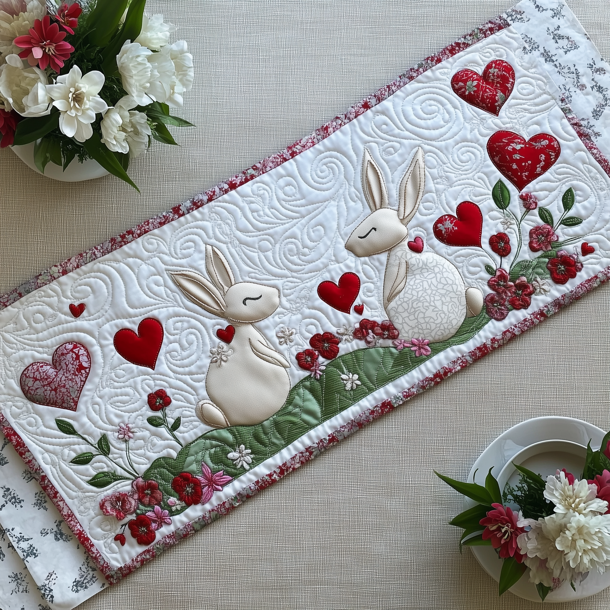 Bunny Couple Quilted Table Runner Rabbit Gift Ideas-1 Bunny Couple Quilted Table Runner Rabbit Gift Ideas-1