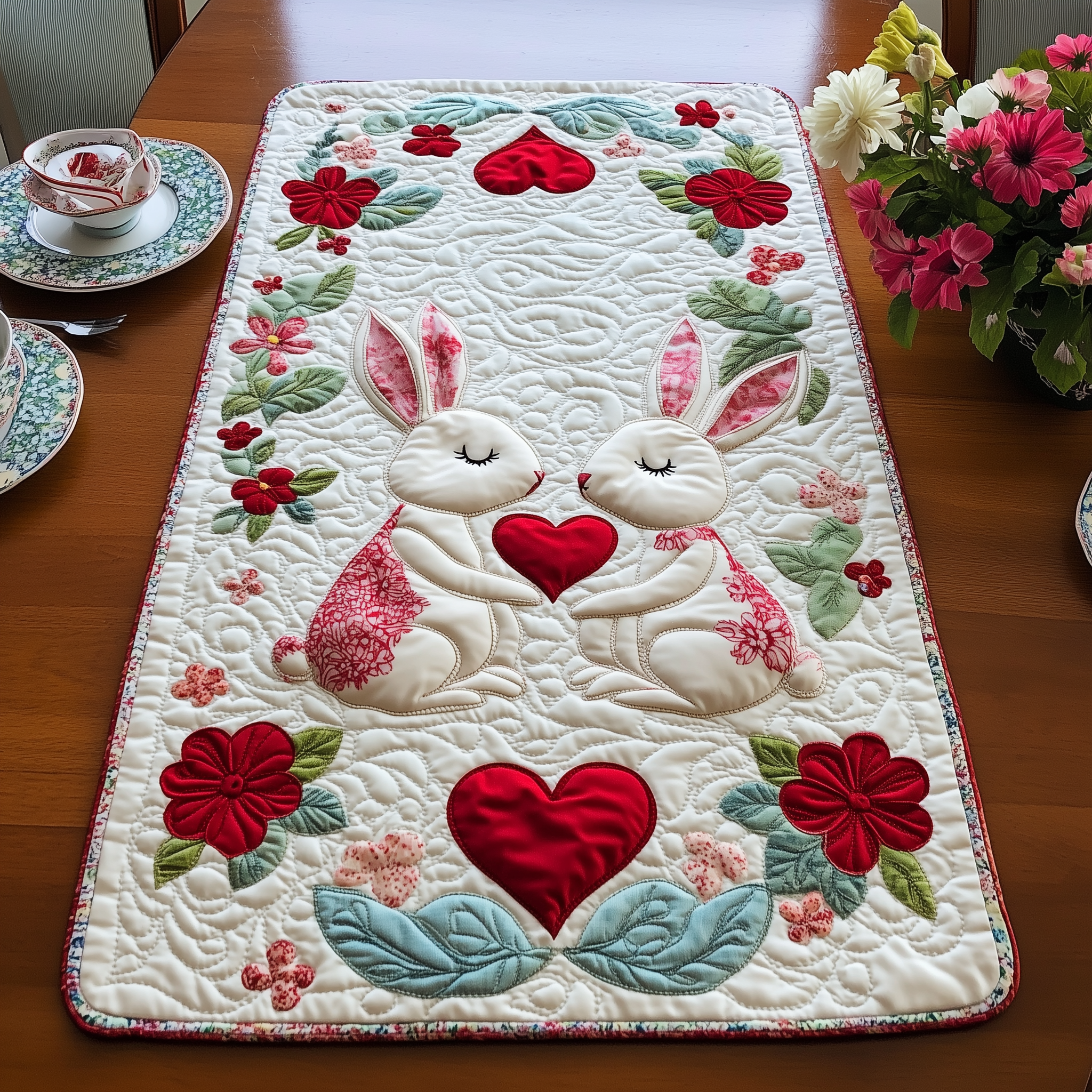 Bunny Couple Quilted Table Runner Valentine Day Gifts For Wife-1 Bunny Couple Quilted Table Runner Valentine Day Gifts For Wife-1
