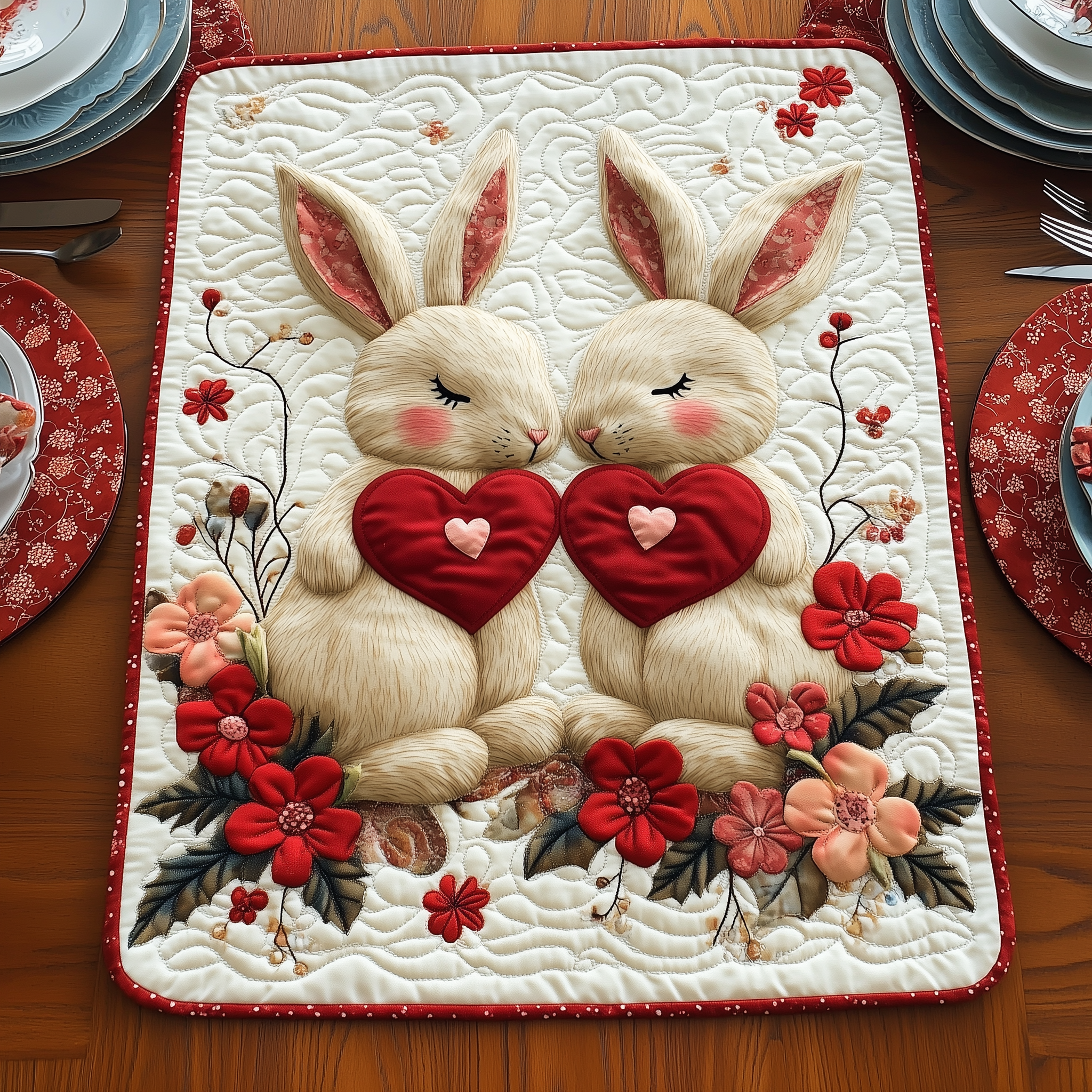 Bunny Couple Quilted Table Runner Valentine Day Presents For Her-1 Bunny Couple Quilted Table Runner Valentine Day Presents For Her-1