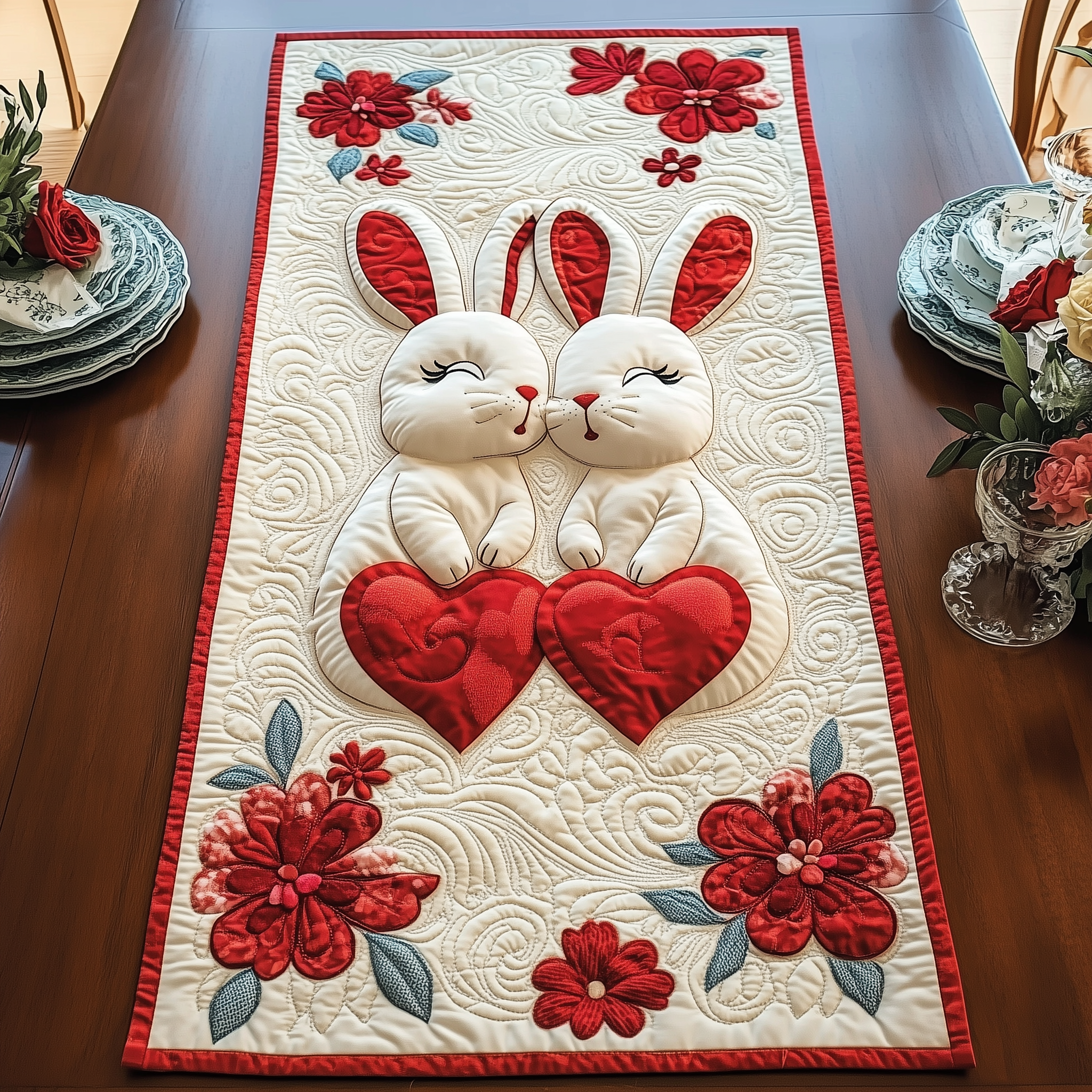 Bunny Couple Quilted Table Runner Valentine Day Presents For Wife-1 Bunny Couple Quilted Table Runner Valentine Day Presents For Wife-1