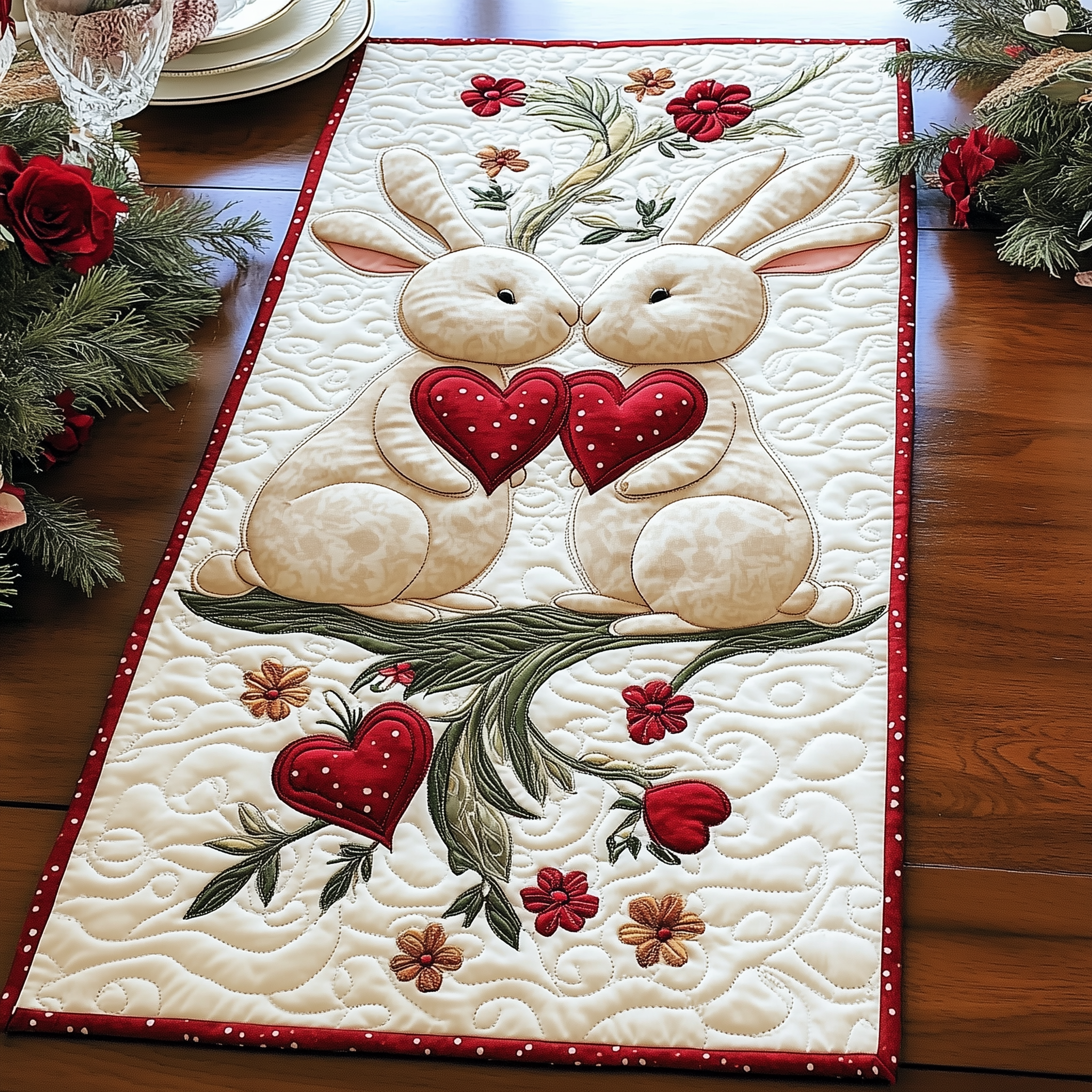 Bunny Couple Quilted Table Runner Valentine Day Presents-1 Bunny Couple Quilted Table Runner Valentine Day Presents-1