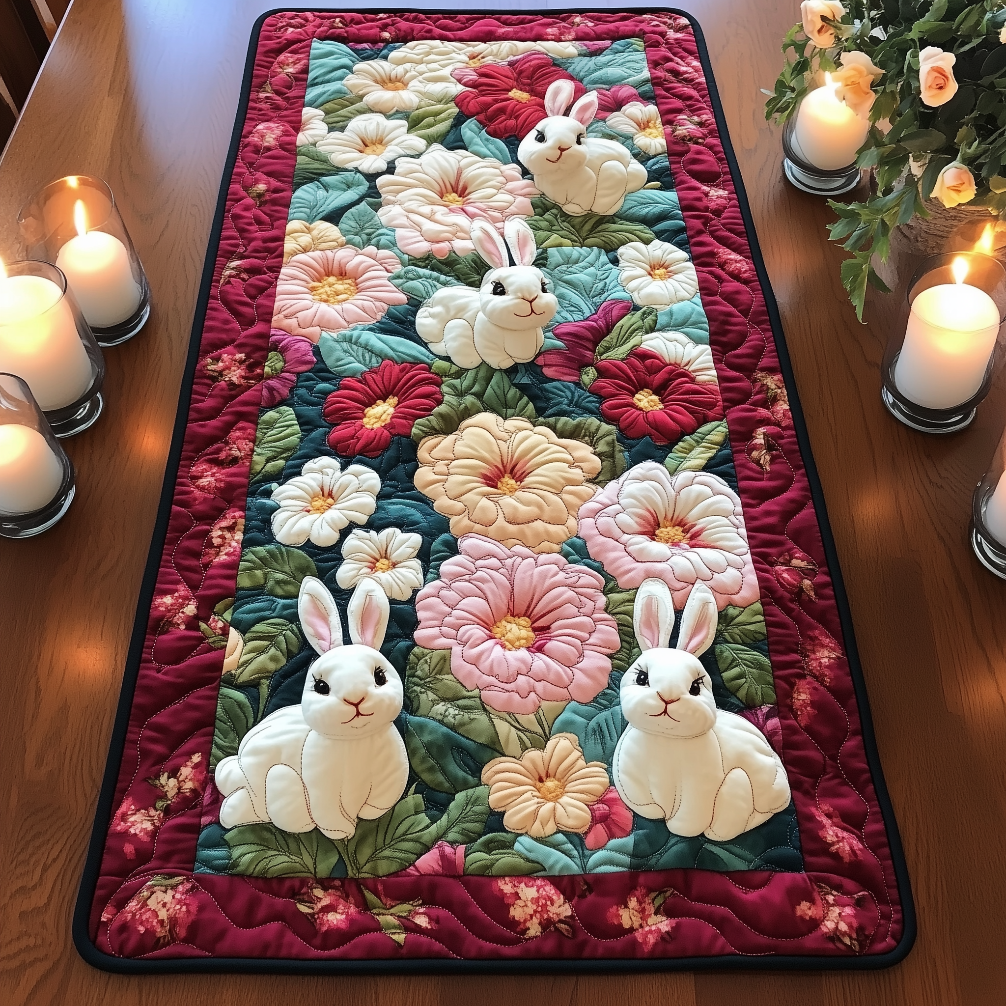 Bunny Rose Garden Quilted Table Runner Bunny Gifts For Adults-1 Bunny Rose Garden Quilted Table Runner Bunny Gifts For Adults-1