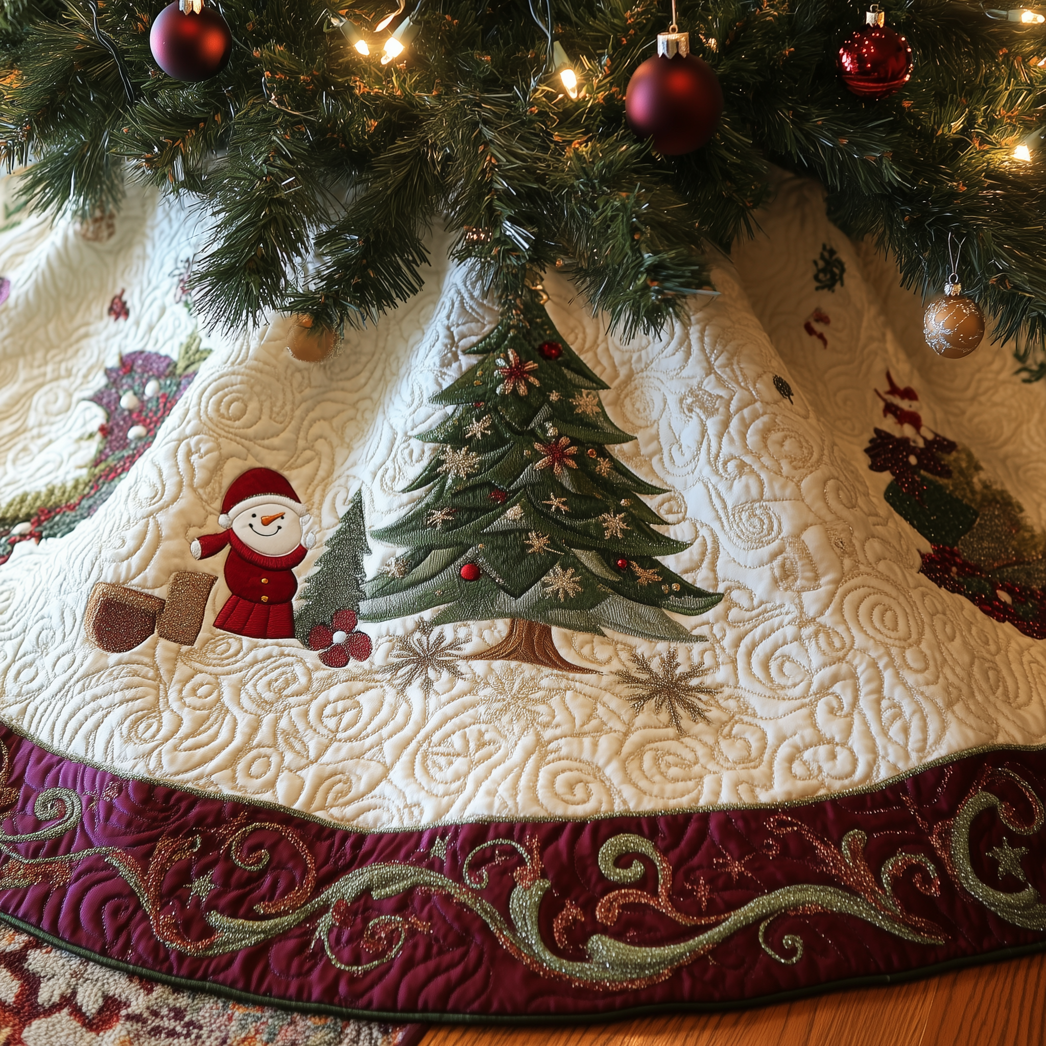 Burgundy Snowmen Quilted Tree Skirt Hoilday Tree Skirt Xmas Tree Surround Base Cover Indoor Christmas Decorations-1 Burgundy Snowmen Quilted Tree Skirt Hoilday Tree Skirt Xmas Tree Surround Base Cover Indoor Christmas Decorations-1