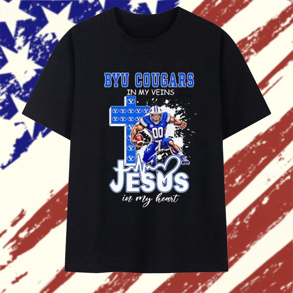 Byu Cougars In My Veins Jesus In My Heart Mascot T-Shirt Byu Cougars Merch Faith Gift-1