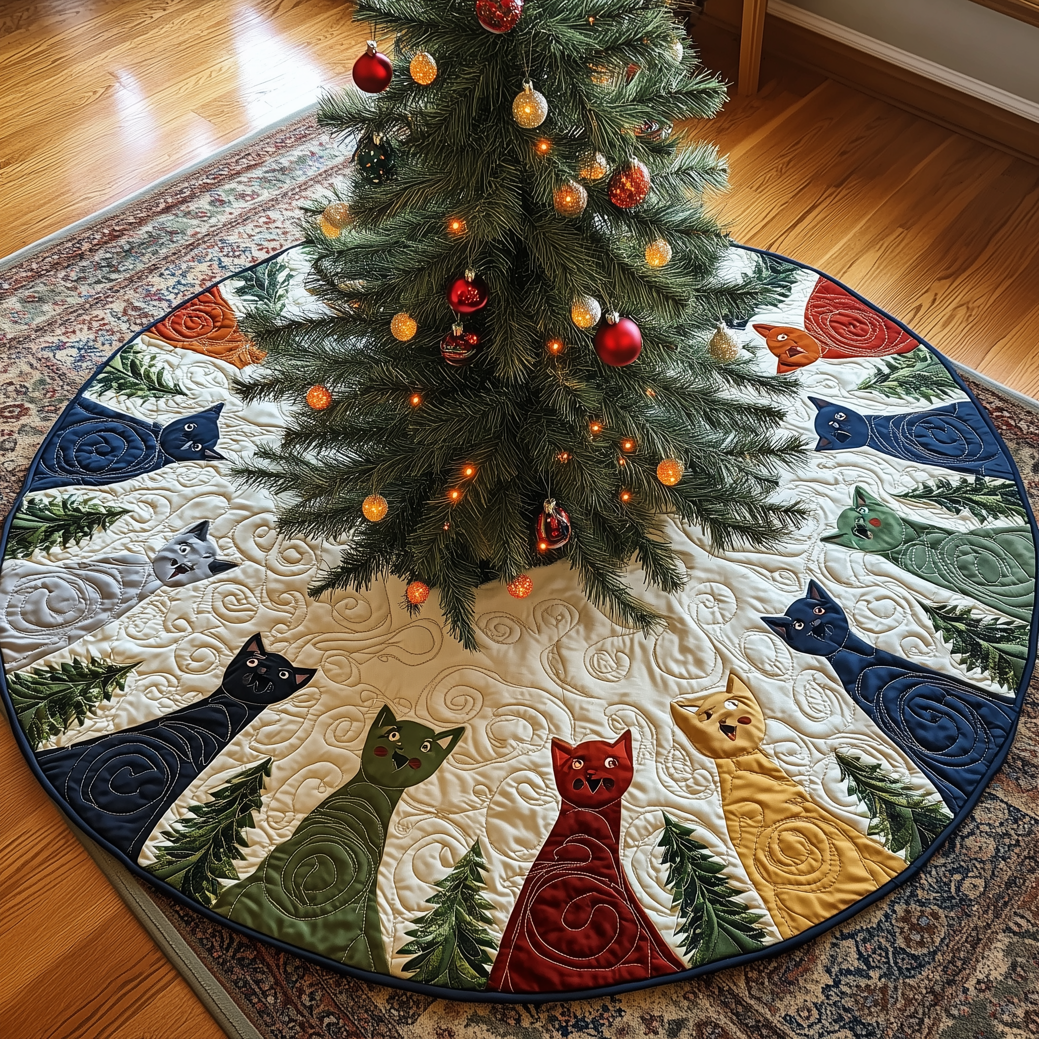 Cat Of Joy Quilted Tree Skirt Holiday Cat Christmas Tree Decorations Gifts Items-1 Cat Of Joy Quilted Tree Skirt Holiday Cat Christmas Tree Decorations Gifts Items-1