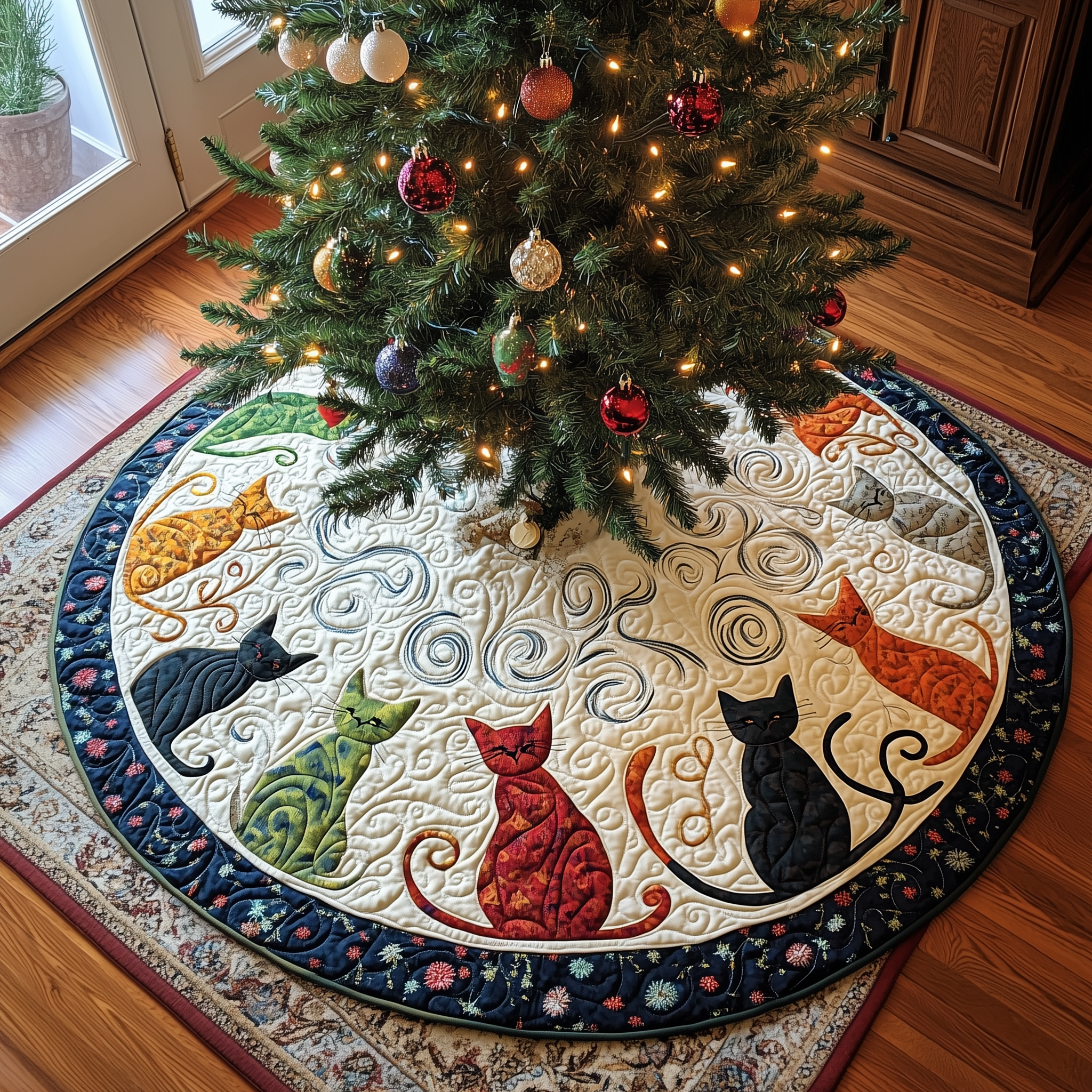 Cat Of Joy Quilted Tree Skirt Xmas Holiday Cat Christmas Tree Decorations Gifts Items-1 Cat Of Joy Quilted Tree Skirt Xmas Holiday Cat Christmas Tree Decorations Gifts Items-1