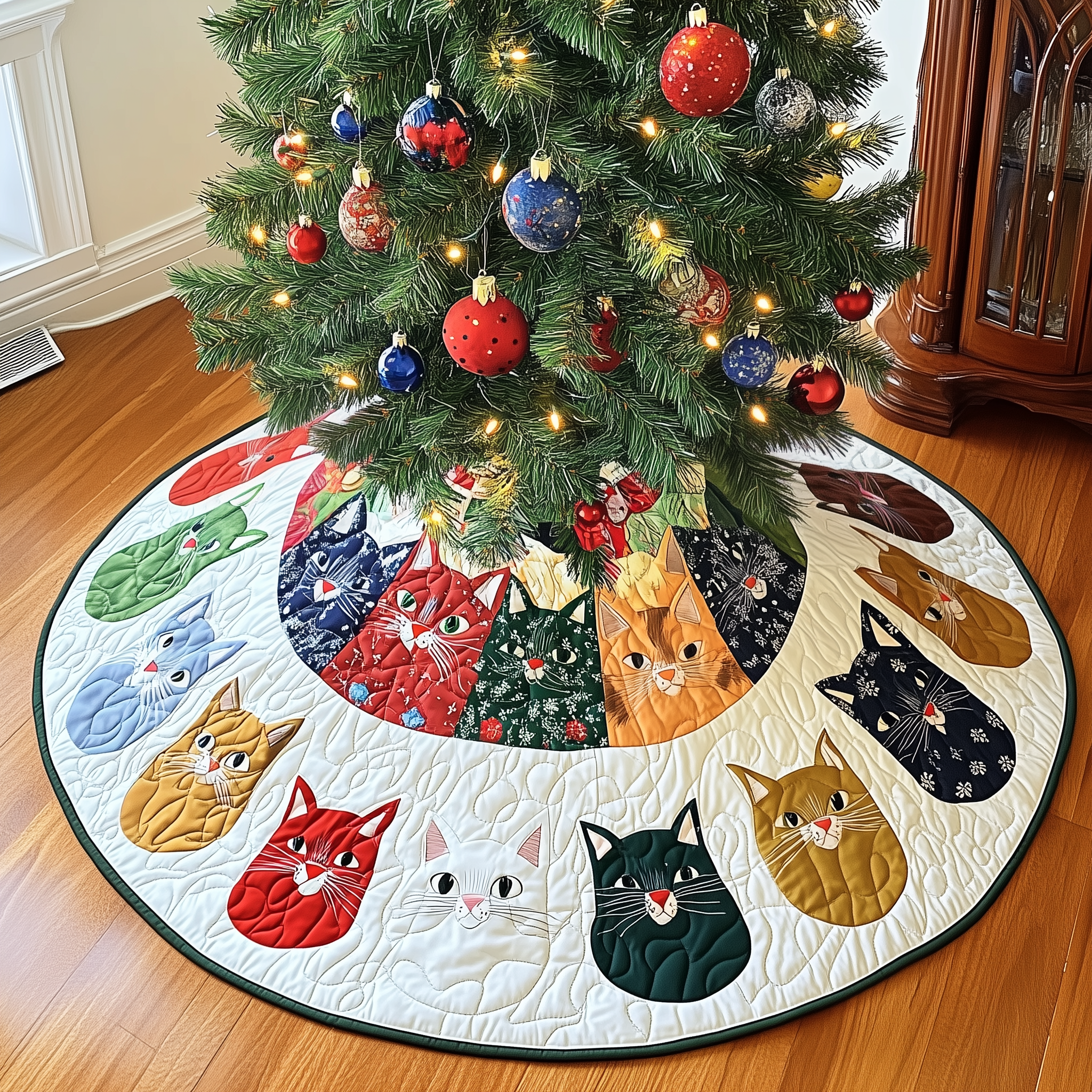 Cat Quilted Tree Skirt Xmas Tree Indoor Decorations Cat Mom Christmas Gifts-1 Cat Quilted Tree Skirt Xmas Tree Indoor Decorations Cat Mom Christmas Gifts-1