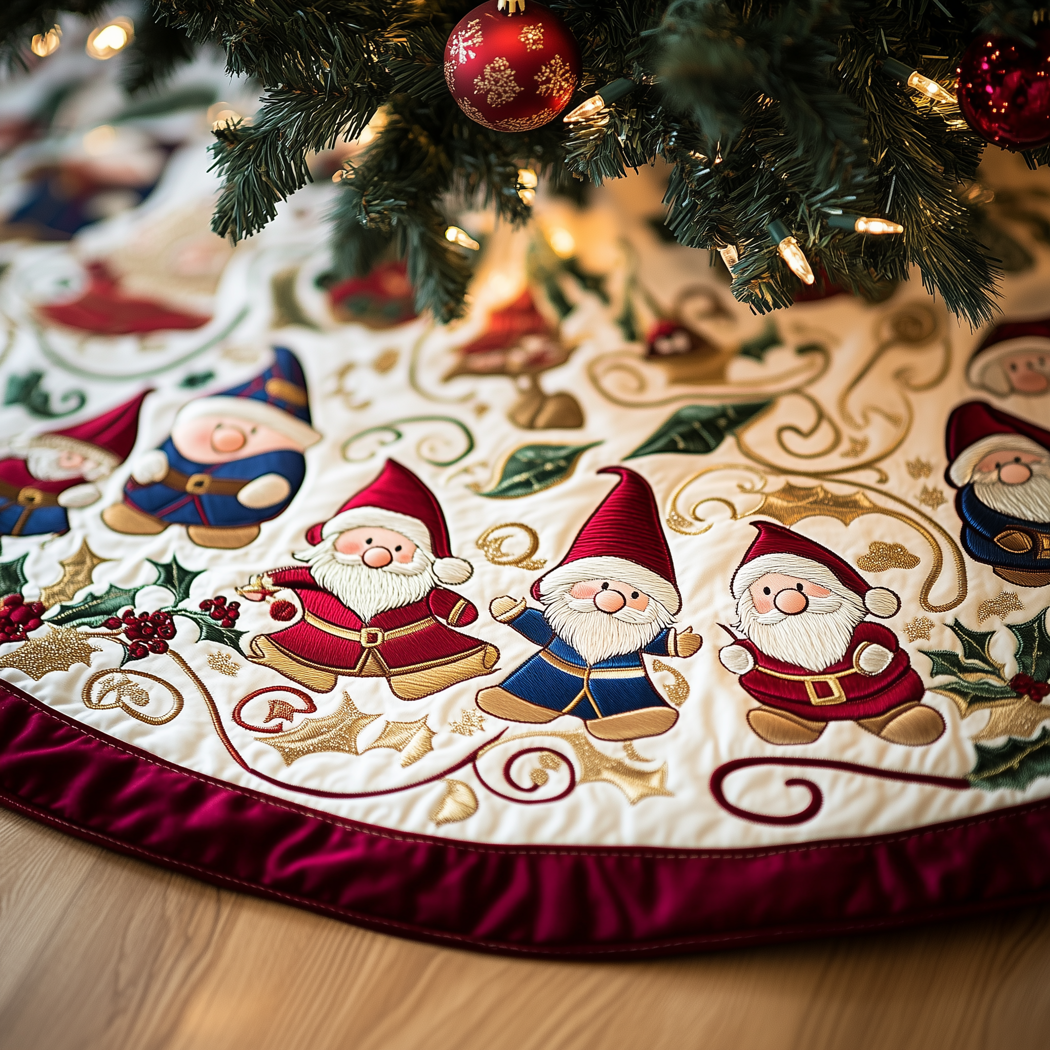 Cheerful Gnomes Quilted Tree Skirt Cute Stuff Gnome Themed Christmas Tree Decorations-1 Cheerful Gnomes Quilted Tree Skirt Cute Stuff Gnome Themed Christmas Tree Decorations-1