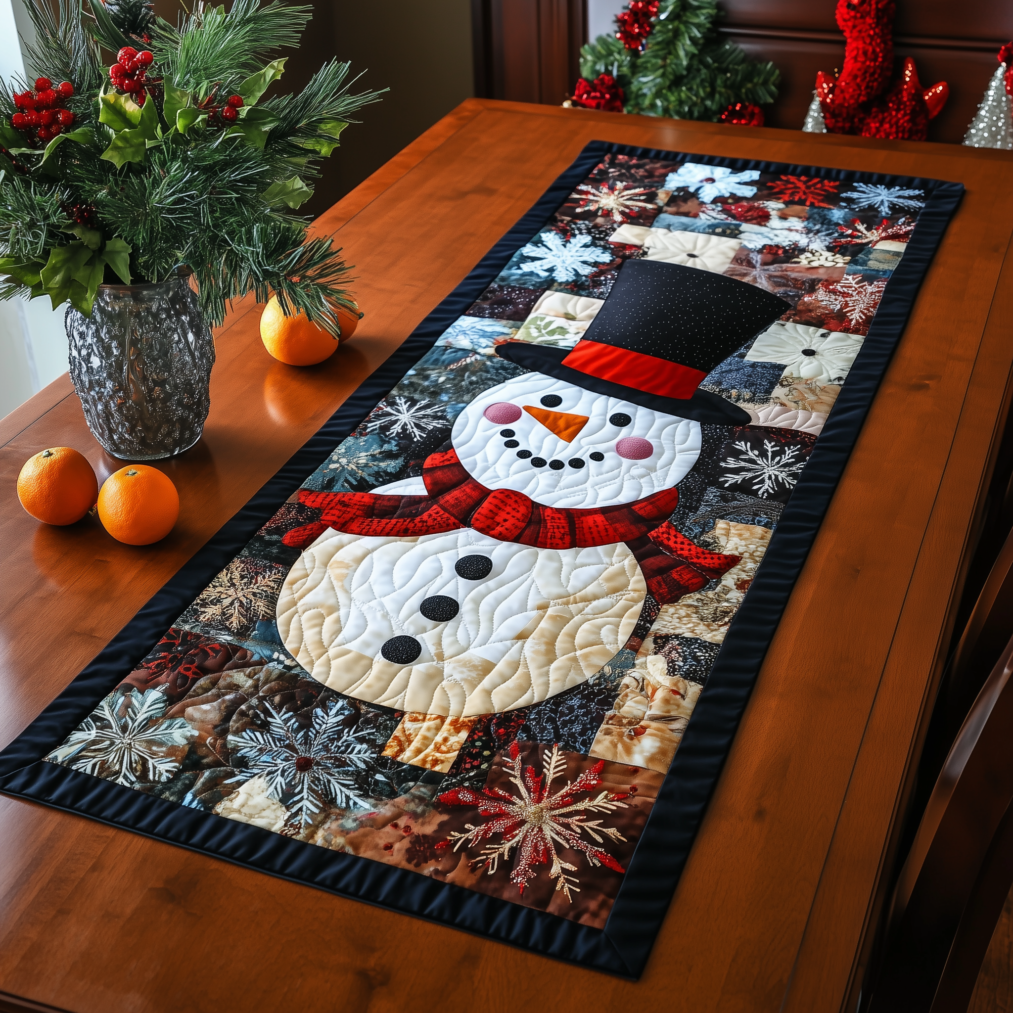 Cheerful Snowman Quilted Table Runner Christmas Holiday Dining Xmas Table Runner House Decorations-1 Cheerful Snowman Quilted Table Runner Christmas Holiday Dining Xmas Table Runner House Decorations-1