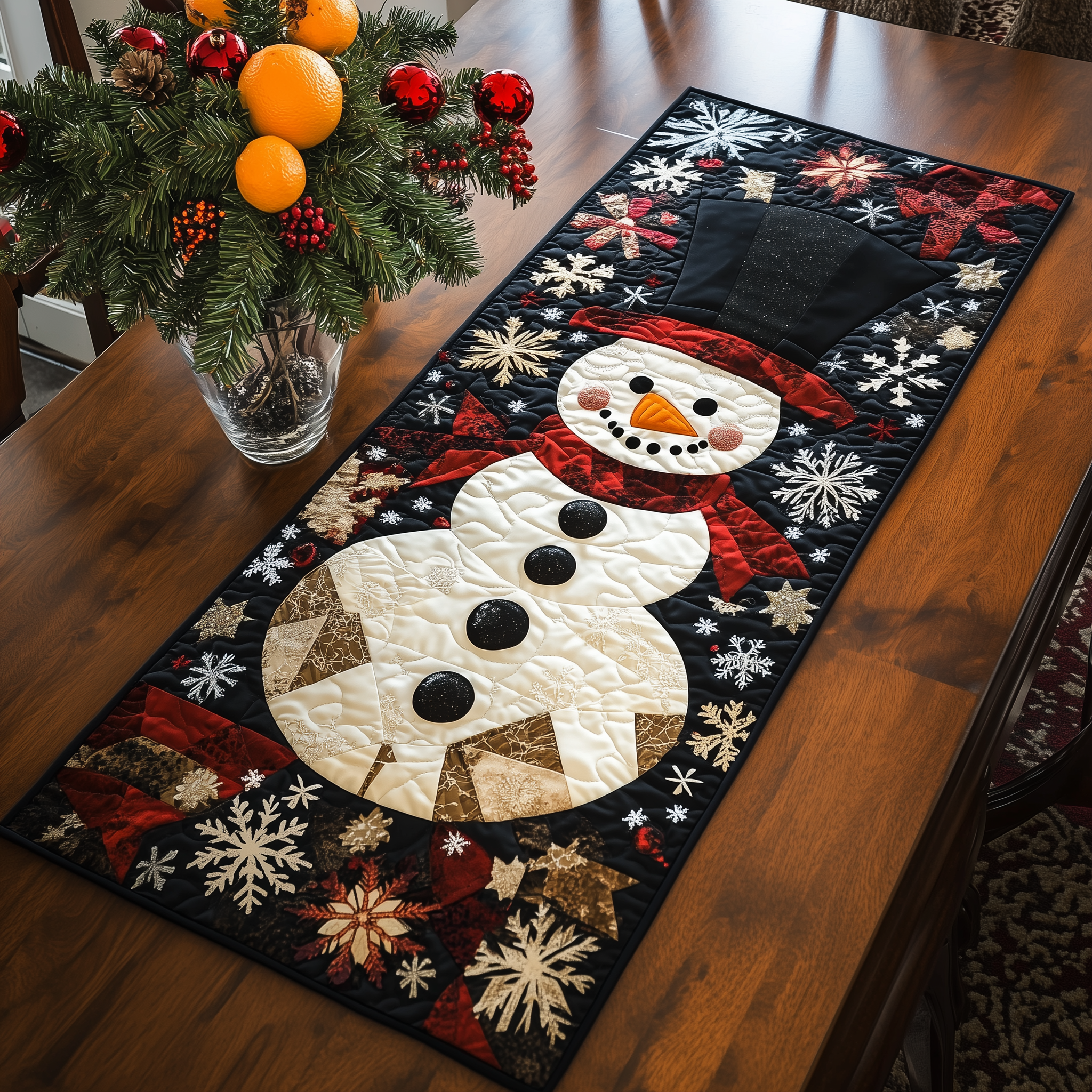 Cheerful Snowman Quilted Table Runner Christmas Holiday Dining Xmas Table Runner Indoor Decorations-1 Cheerful Snowman Quilted Table Runner Christmas Holiday Dining Xmas Table Runner Indoor Decorations-1