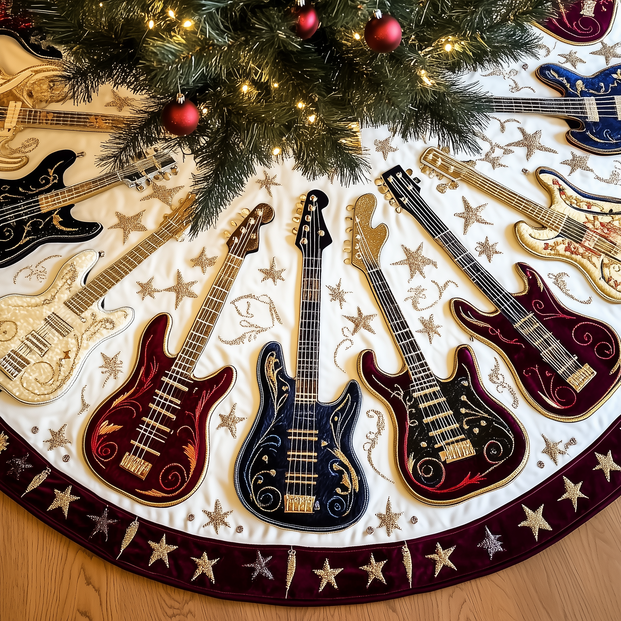 Cheerful Swirl Guitars Quilted Tree Skirt Xmas Decorations Best Christmas Gifts For Guitar Players-1 Cheerful Swirl Guitars Quilted Tree Skirt Xmas Decorations Best Christmas Gifts For Guitar Players-1