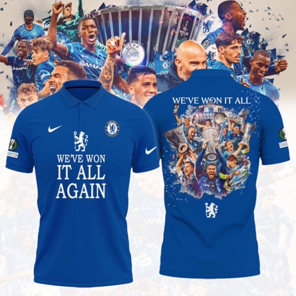 Chelsea F.C. UEFA League UECL Winners Champions 2025 Polo Shirt Football Club Fan Merch-1 Chelsea F.C. UEFA League UECL Winners Champions 2025 Polo Shirt Football Club Fan Merch-1