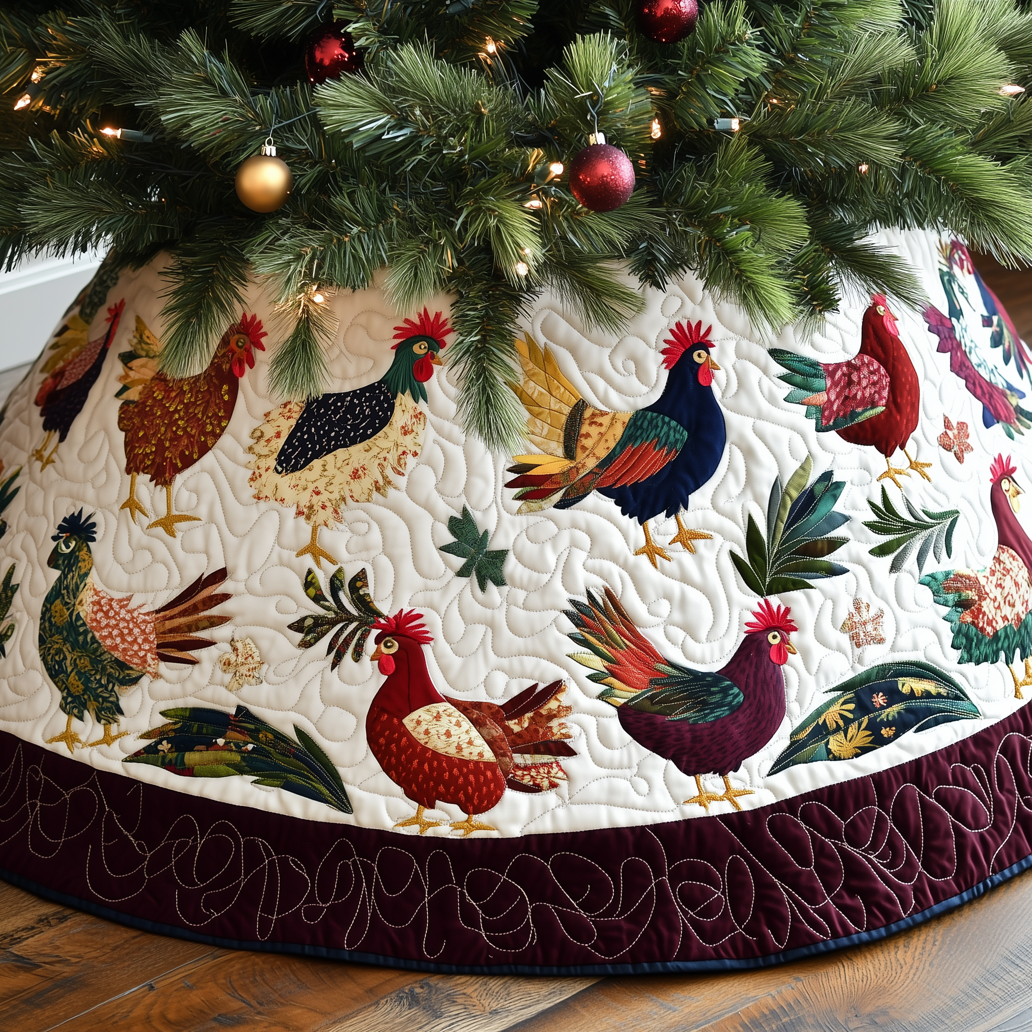 Chicken Christmas Quilted Tree Skirt  Holiday Tree Skirt Xmas Decorations Chicken Lover Presents-1 Chicken Christmas Quilted Tree Skirt  Holiday Tree Skirt Xmas Decorations Chicken Lover Presents-1
