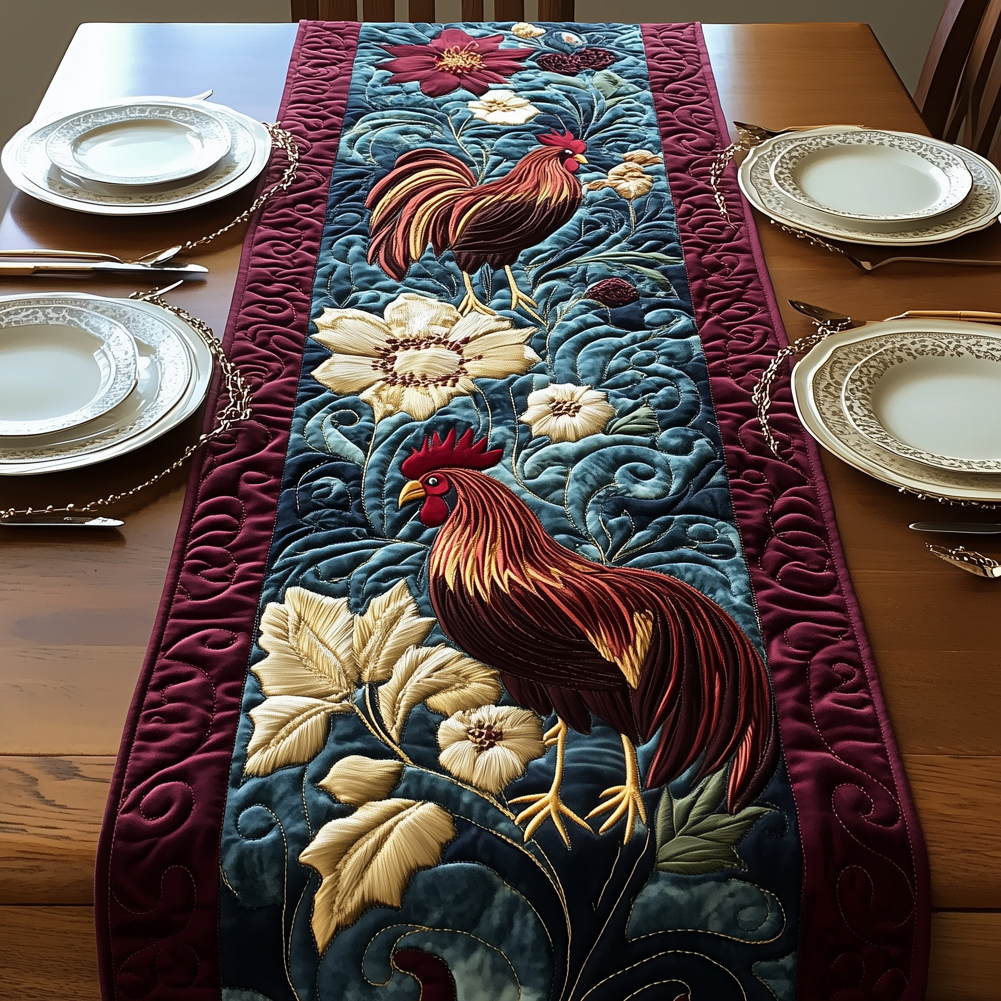 Chicken Quilted Table Runner Merchandise Gifts With Chickens On Them-1 Chicken Quilted Table Runner Merchandise Gifts With Chickens On Them-1