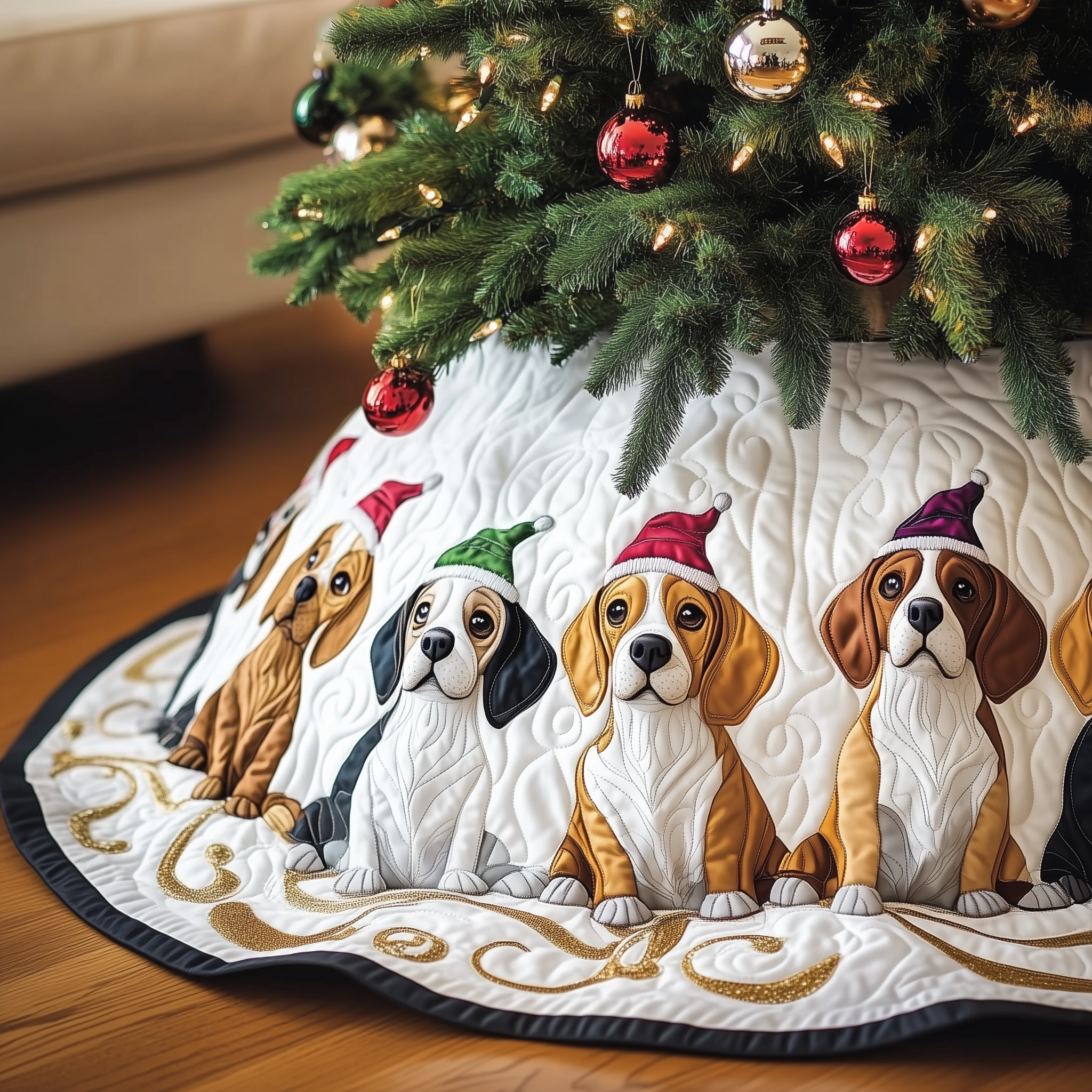 Christmas Beagle Quilted Tree Skirt Beagle Xmas Tree Decorations Gifts For Him Her-1 Christmas Beagle Quilted Tree Skirt Beagle Xmas Tree Decorations Gifts For Him Her-1
