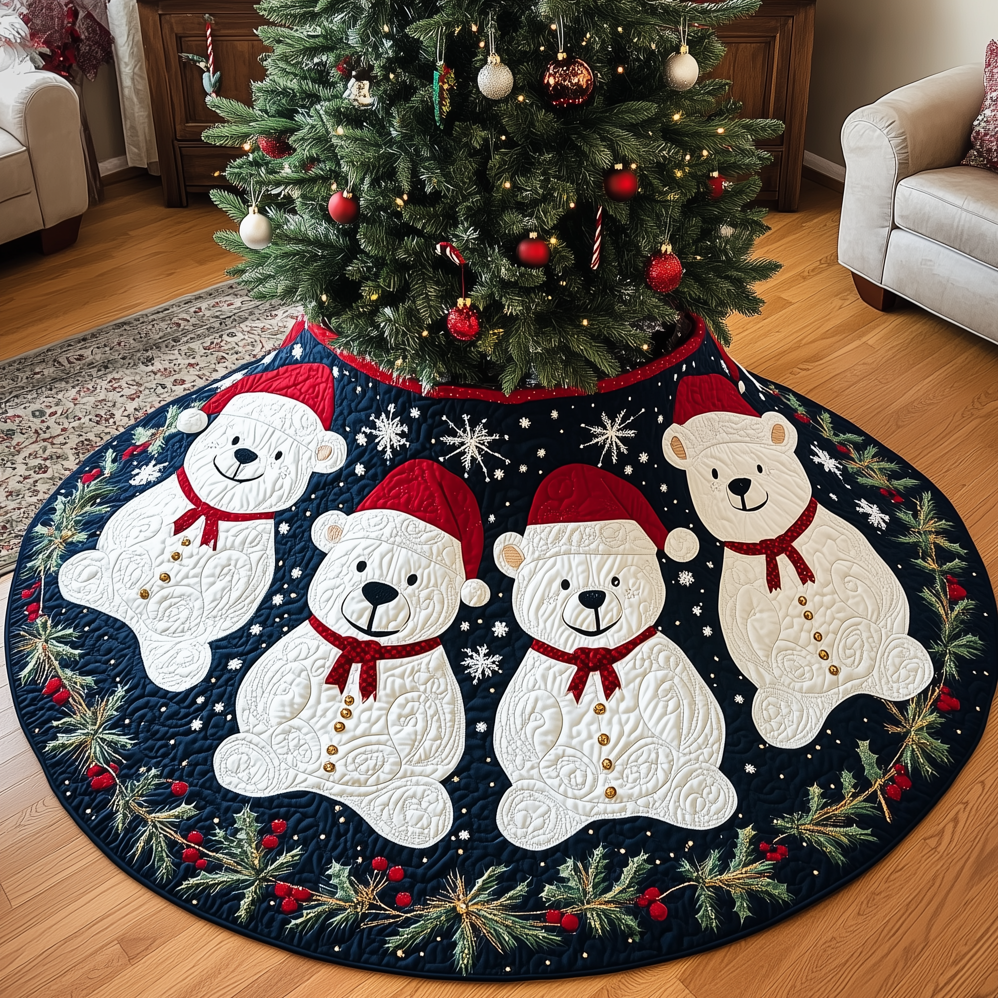 Christmas Bear Quilted Tree Skirt Best Xmas Tree Base Cover Decorations Bear Themed Gifts-1 Christmas Bear Quilted Tree Skirt Best Xmas Tree Base Cover Decorations Bear Themed Gifts-1