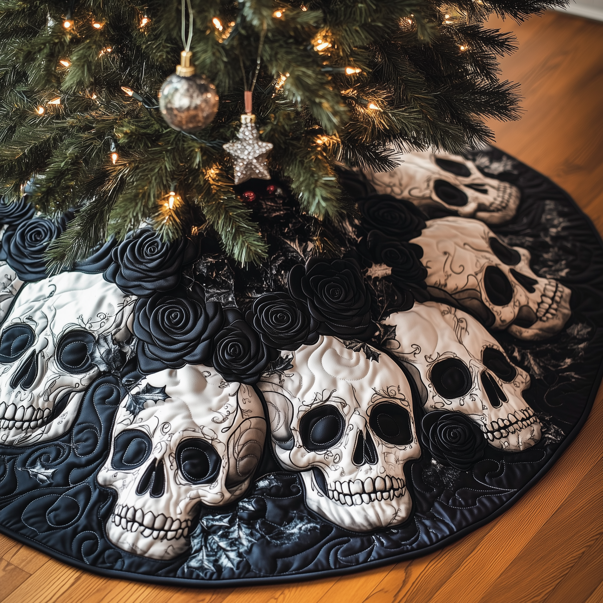 Christmas Black Rose Skull Quilted Tree Skirt Holiday Tree Skirt Xmas Tree Surround Base Cover Decorations-1 Christmas Black Rose Skull Quilted Tree Skirt Holiday Tree Skirt Xmas Tree Surround Base Cover Decorations-1