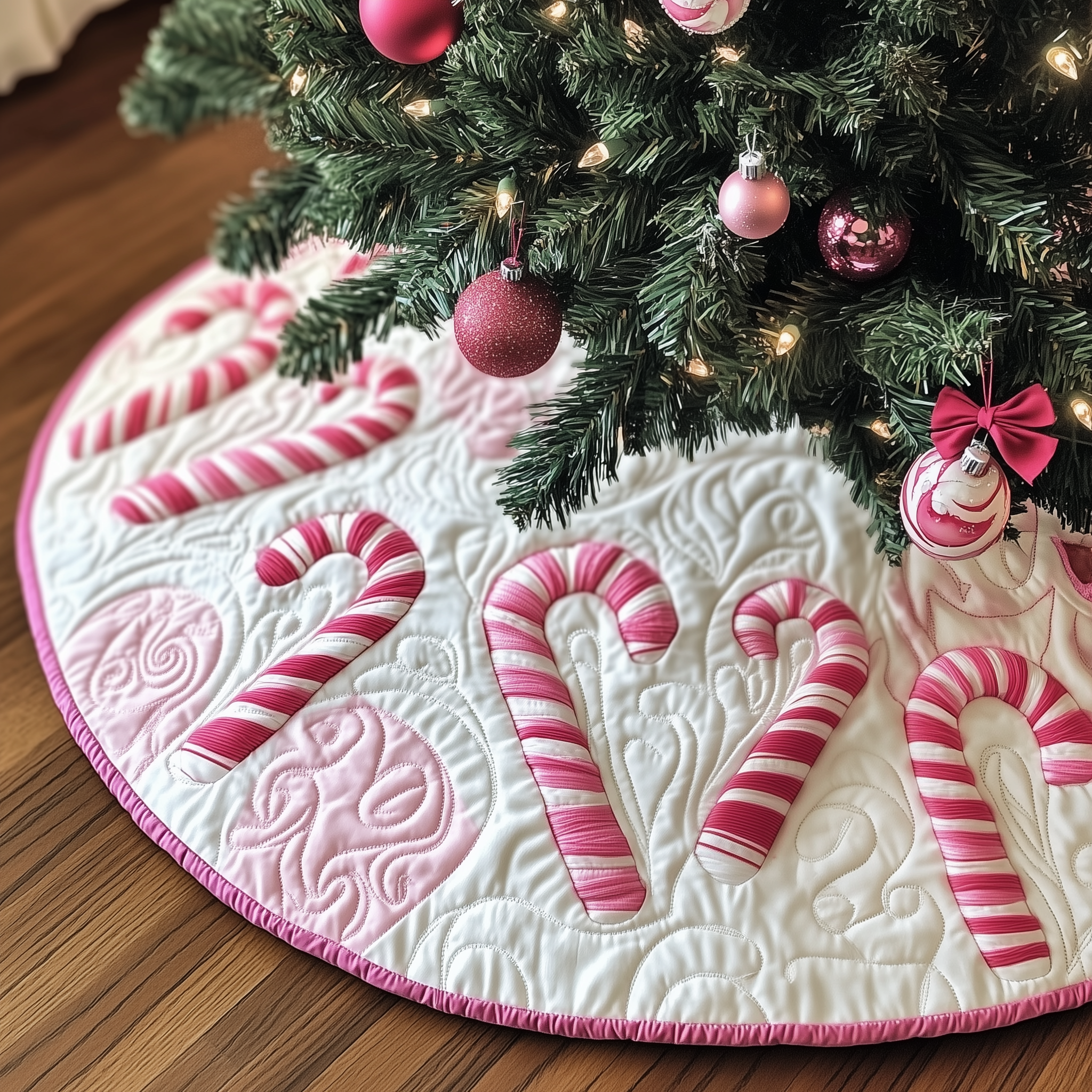 Christmas Candy Canes Quilted Tree Skirt Holiday Christmas Tree Surround Base Cover Decorations-1 Christmas Candy Canes Quilted Tree Skirt Holiday Christmas Tree Surround Base Cover Decorations-1