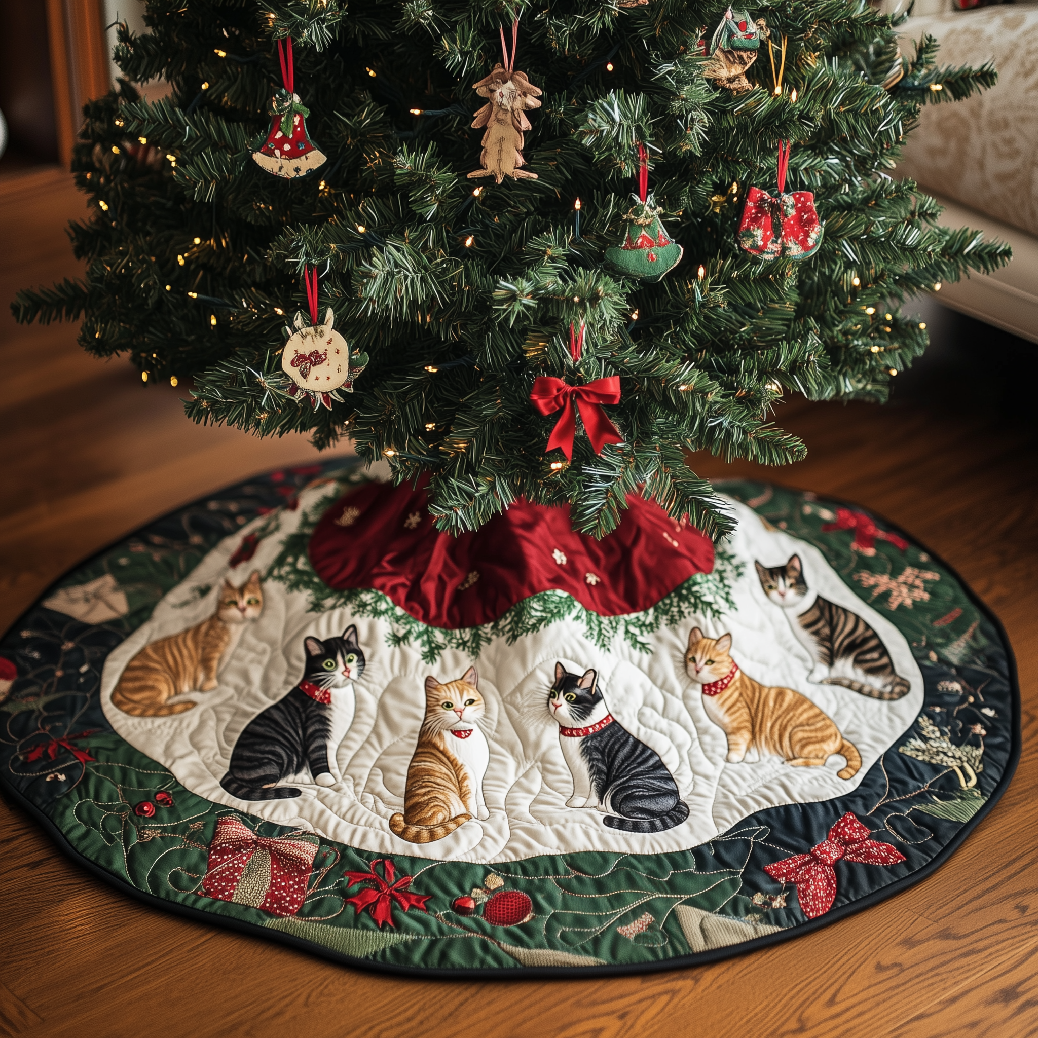Christmas Cat Quilted Tree Skirt Decorations Themed Christmas Gift Ideas For Cat Lovers-1 Christmas Cat Quilted Tree Skirt Decorations Themed Christmas Gift Ideas For Cat Lovers-1