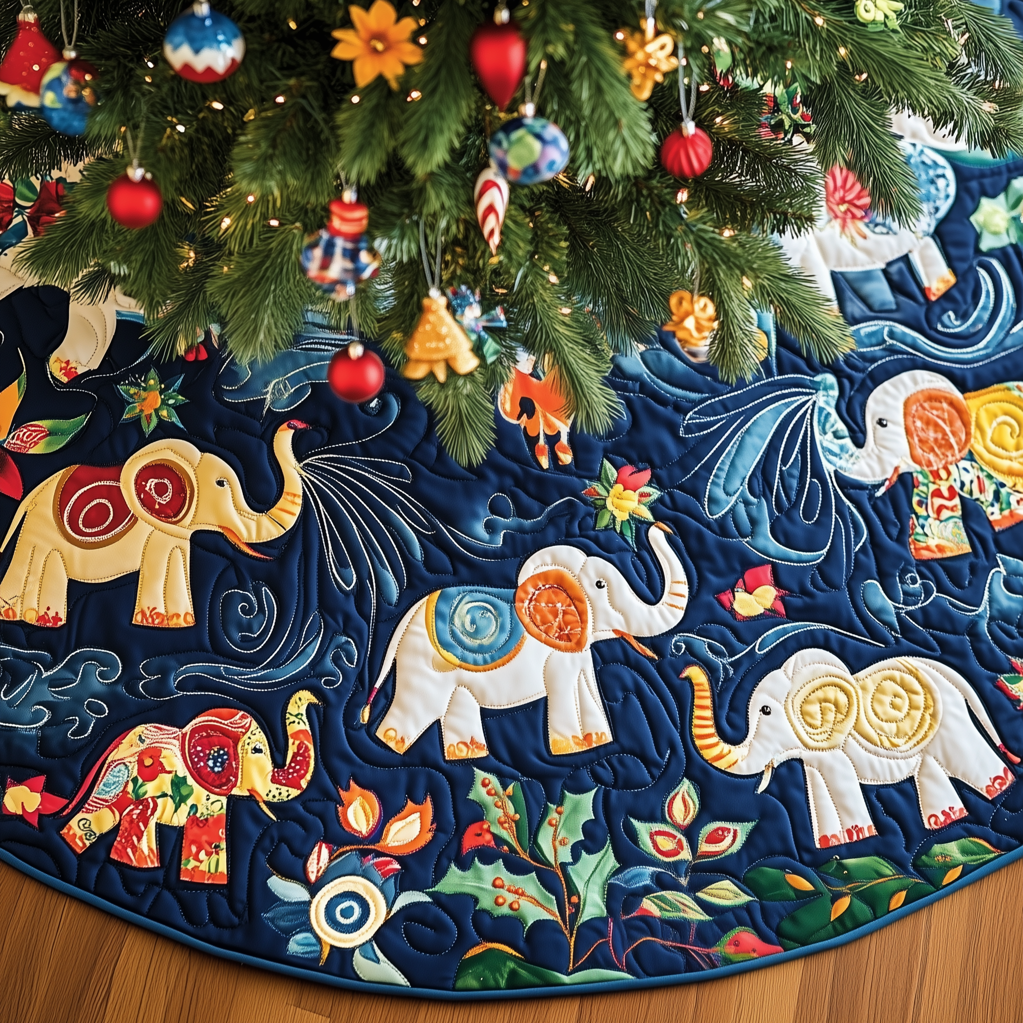Christmas Elephant Quilted Tree Skirt Holiday Xmas Tree Base Decorations Presents For Elephant Lovers-1 Christmas Elephant Quilted Tree Skirt Holiday Xmas Tree Base Decorations Presents For Elephant Lovers-1