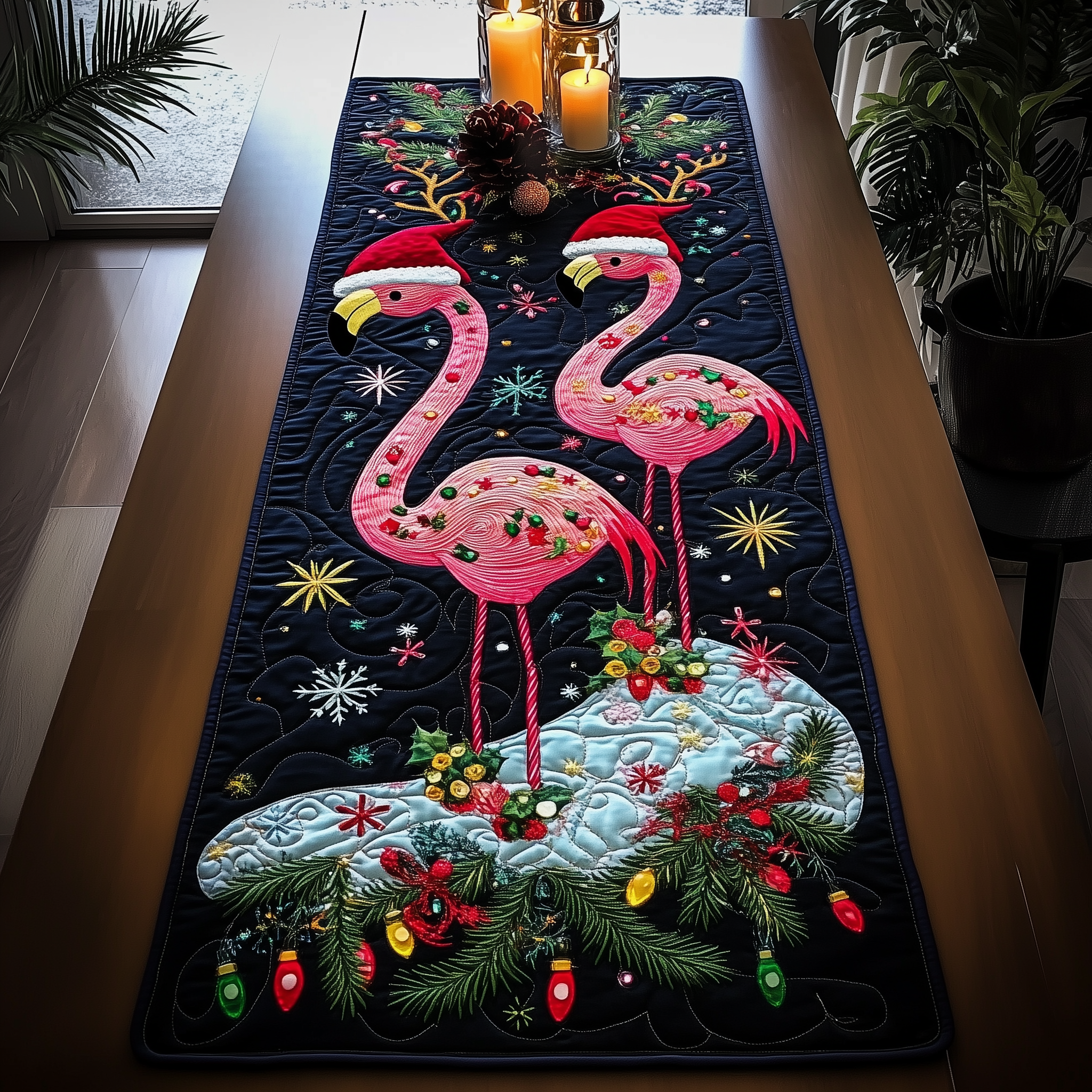 Christmas Flamingo Quilted Table Runner Modern Dining Holiday Table Christmas Gifts For Flamingo Lovers-1