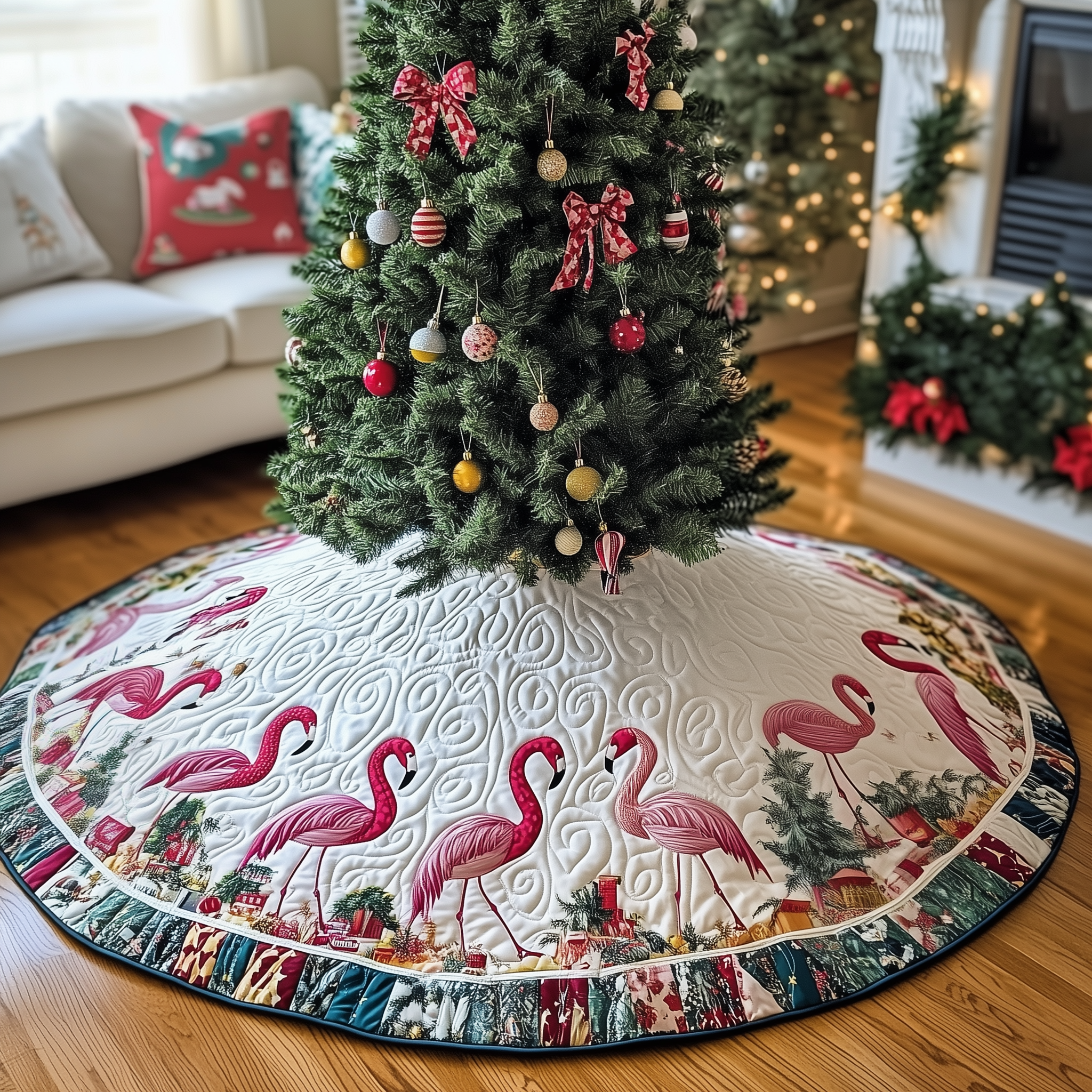 Christmas Flamingo Quilted Tree Skirt Xmas Decorations Unique Pink Flamingo Gifts For Women-1