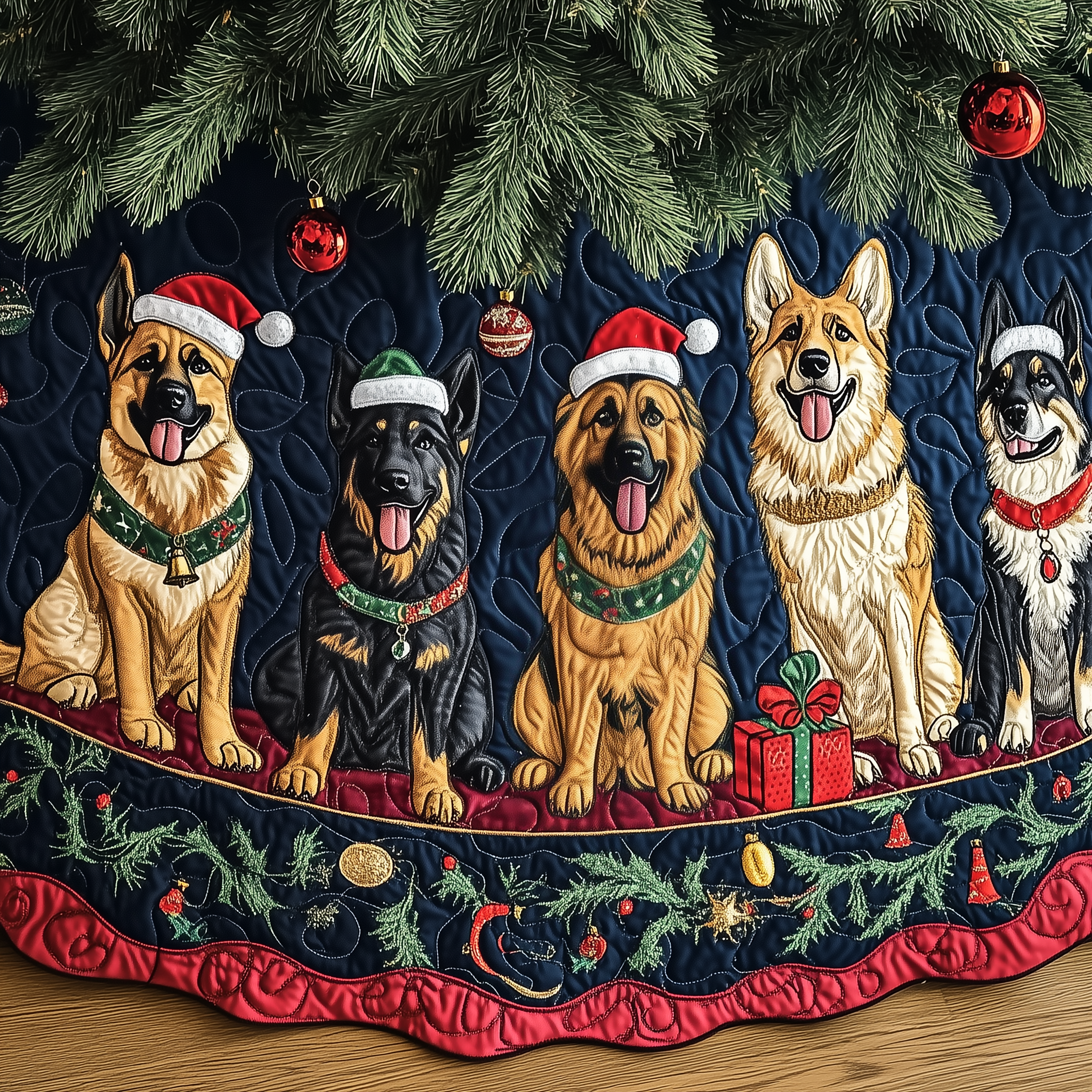 Christmas German Shepherd Quilted Tree Skirt Xmas Tree Base Cover Decorations Gifts For  German Shepherd Lovers-1