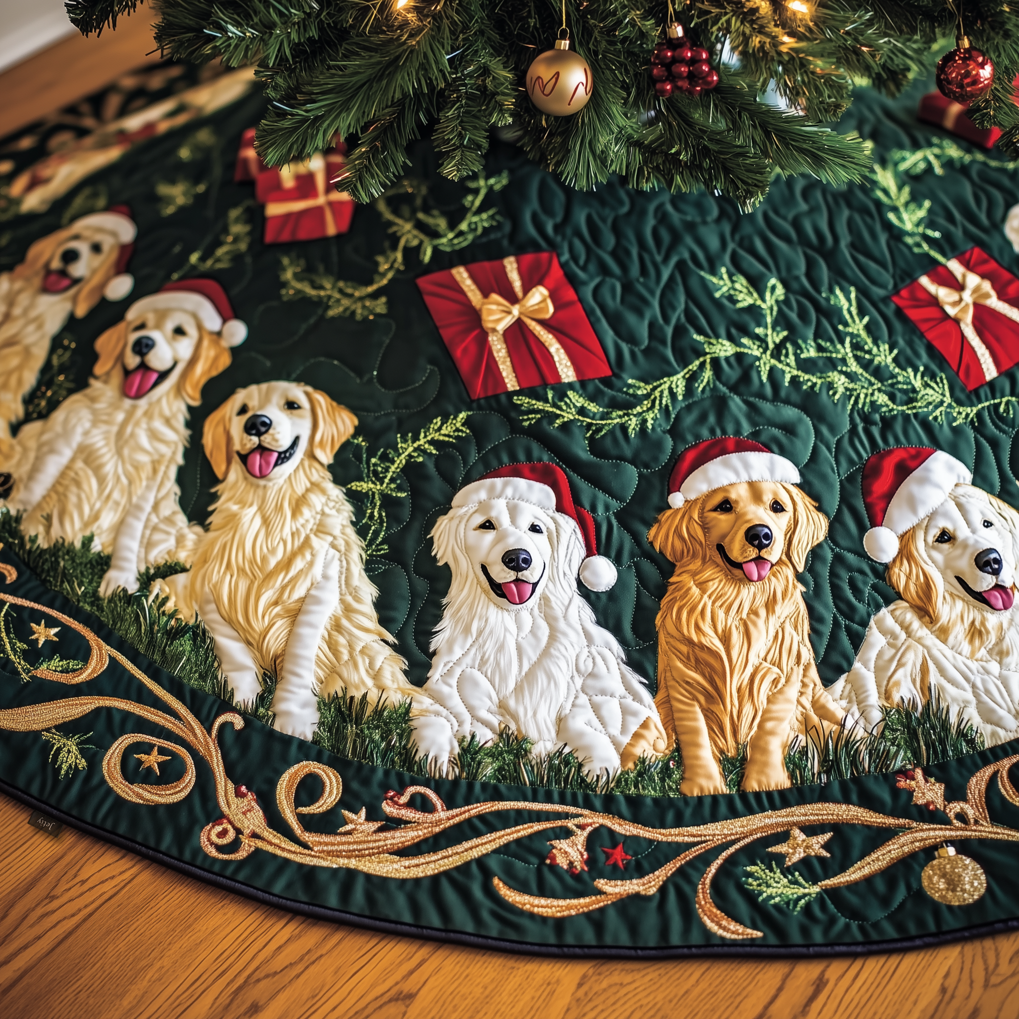 Christmas Golden Retriever Quilted Tree Skirt Holiday Xmas Tree Base Cover Golden Retriever Christmas Gift-1 Christmas Golden Retriever Quilted Tree Skirt Holiday Xmas Tree Base Cover Golden Retriever Christmas Gift-1