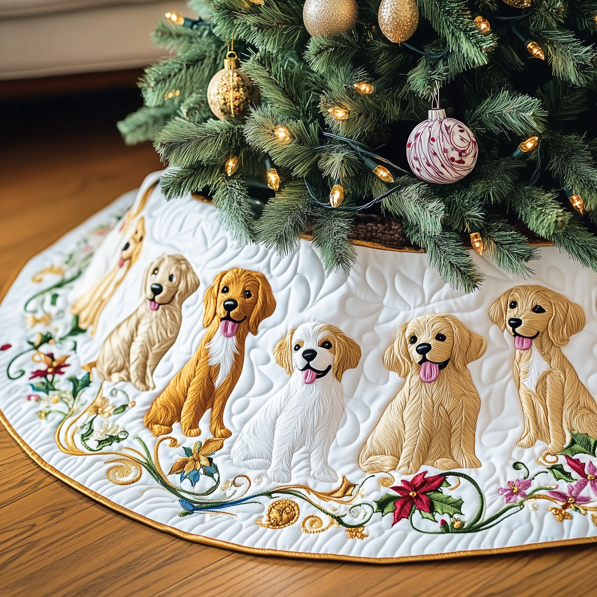 Christmas Golden Retriever Quilted Tree Skirt Xmas Tree Base Cover Golden Retriever Christmas Decorations-1 Christmas Golden Retriever Quilted Tree Skirt Xmas Tree Base Cover Golden Retriever Christmas Decorations-1