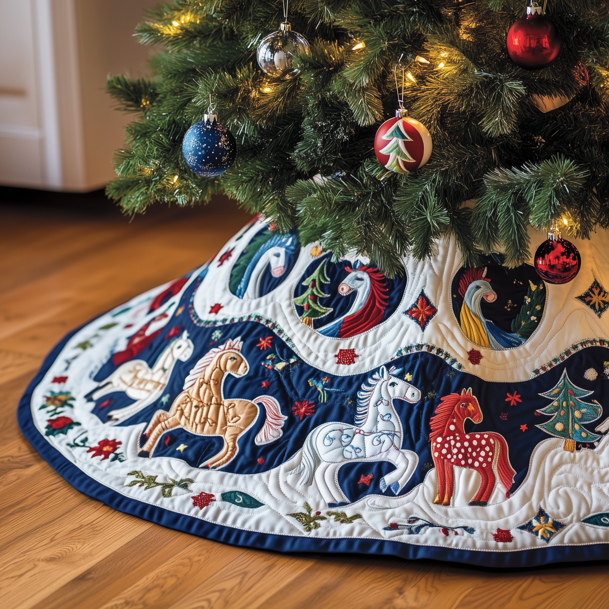 Christmas Horse Quilted Tree Skirt Holiday Xmas Horse Christmas Tree Decorations Best Presents-1