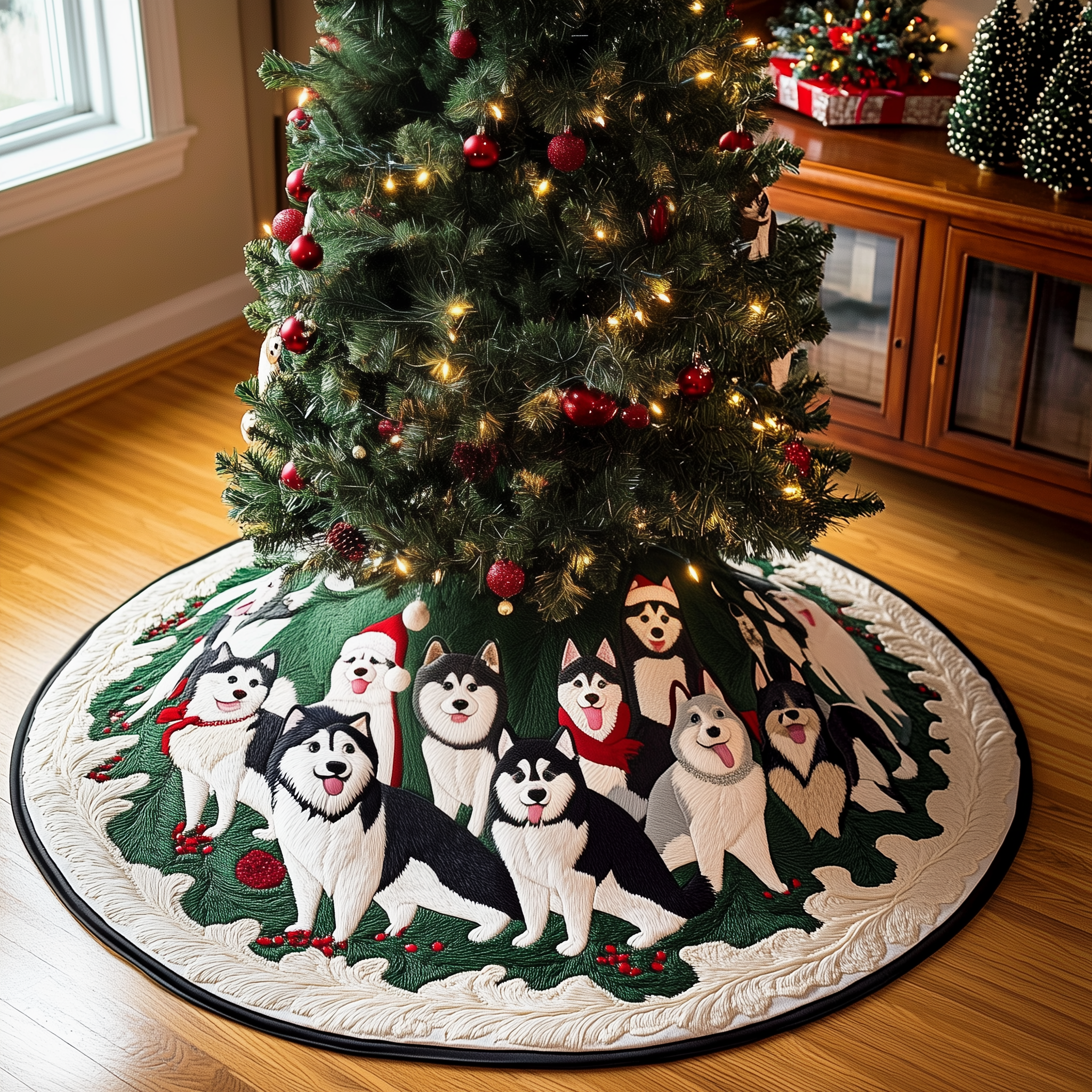 Christmas Husky Quilted Tree Skirt Siberian Husky Christmas Tree Decoration Dog Owners Gifts-1