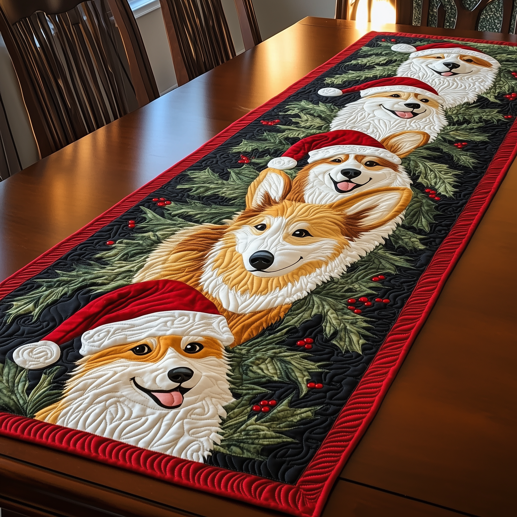 Christmas Joyful Corgi Quilted Table Runner Cute Holiday Dining Table Runner Decorations Corgi Christmas Gifts-1 Christmas Joyful Corgi Quilted Table Runner Cute Holiday Dining Table Runner Decorations Corgi Christmas Gifts-1