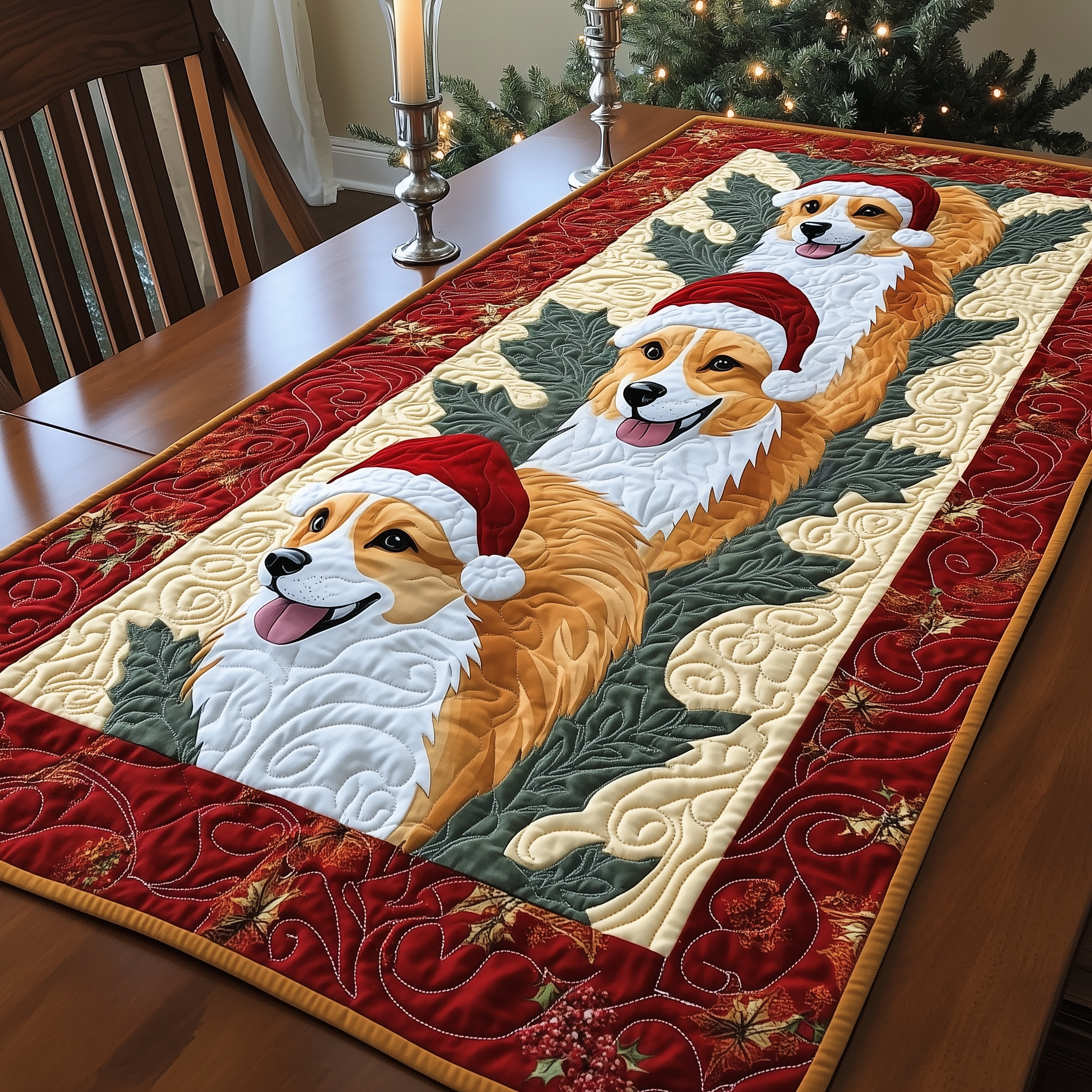 Christmas Joyful Corgi Quilted Table Runner Holiday Dining Table Runner Best Gifts For Corgi Lovers-1