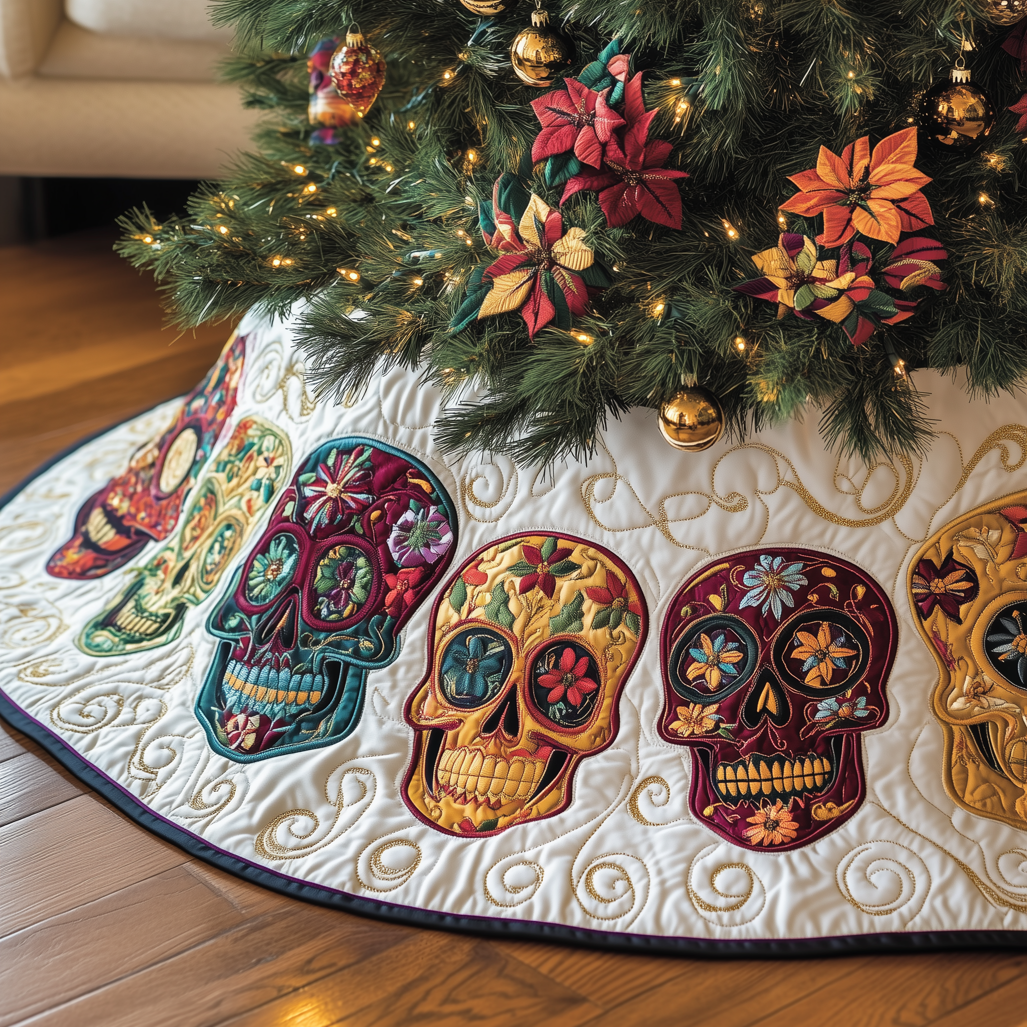 Christmas Joyful Skull Quilted Tree Skirt Holiday Tree Skirt Xmas Tree Surround Base Cover Decorations-1 Christmas Joyful Skull Quilted Tree Skirt Holiday Tree Skirt Xmas Tree Surround Base Cover Decorations-1