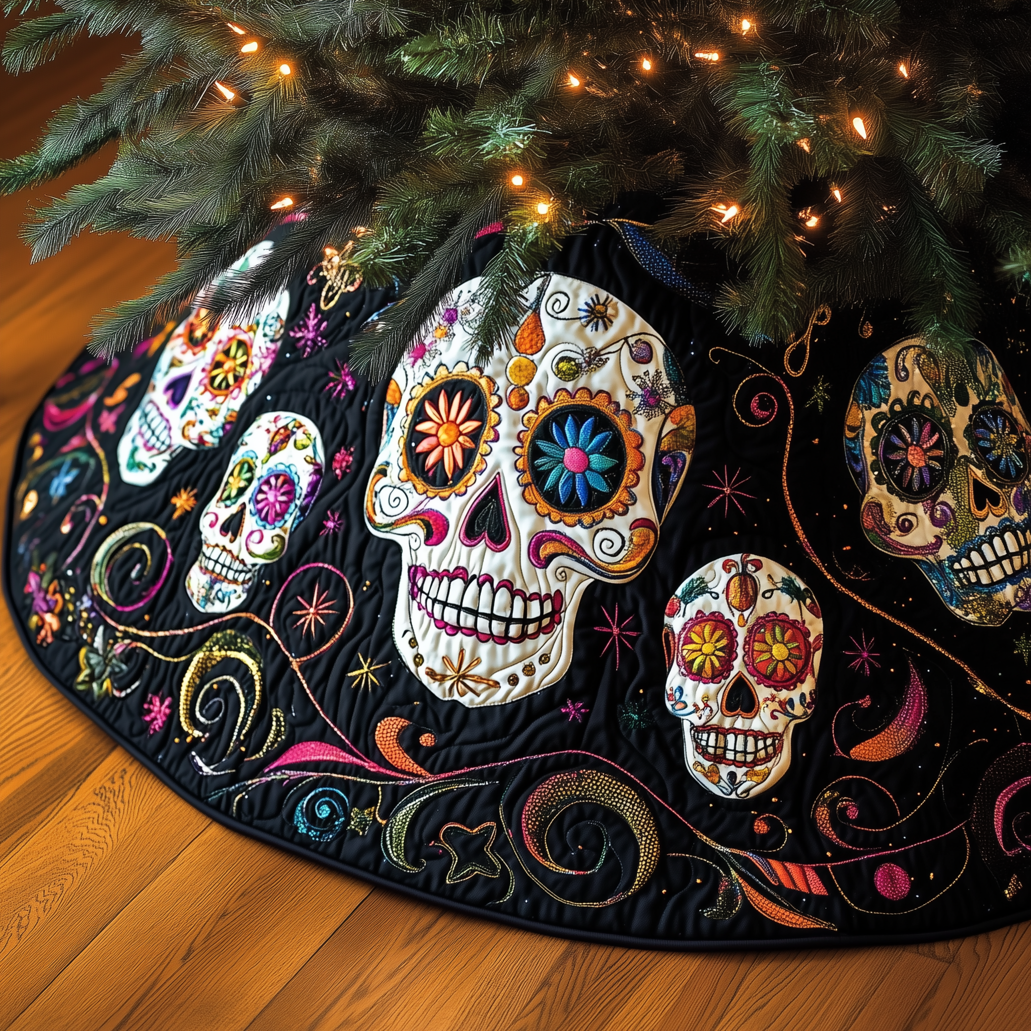 Christmas Mexico Skull Quilted Tree Skirt Tree Surround Decorations Christmas Gifts For Women Ideas-1