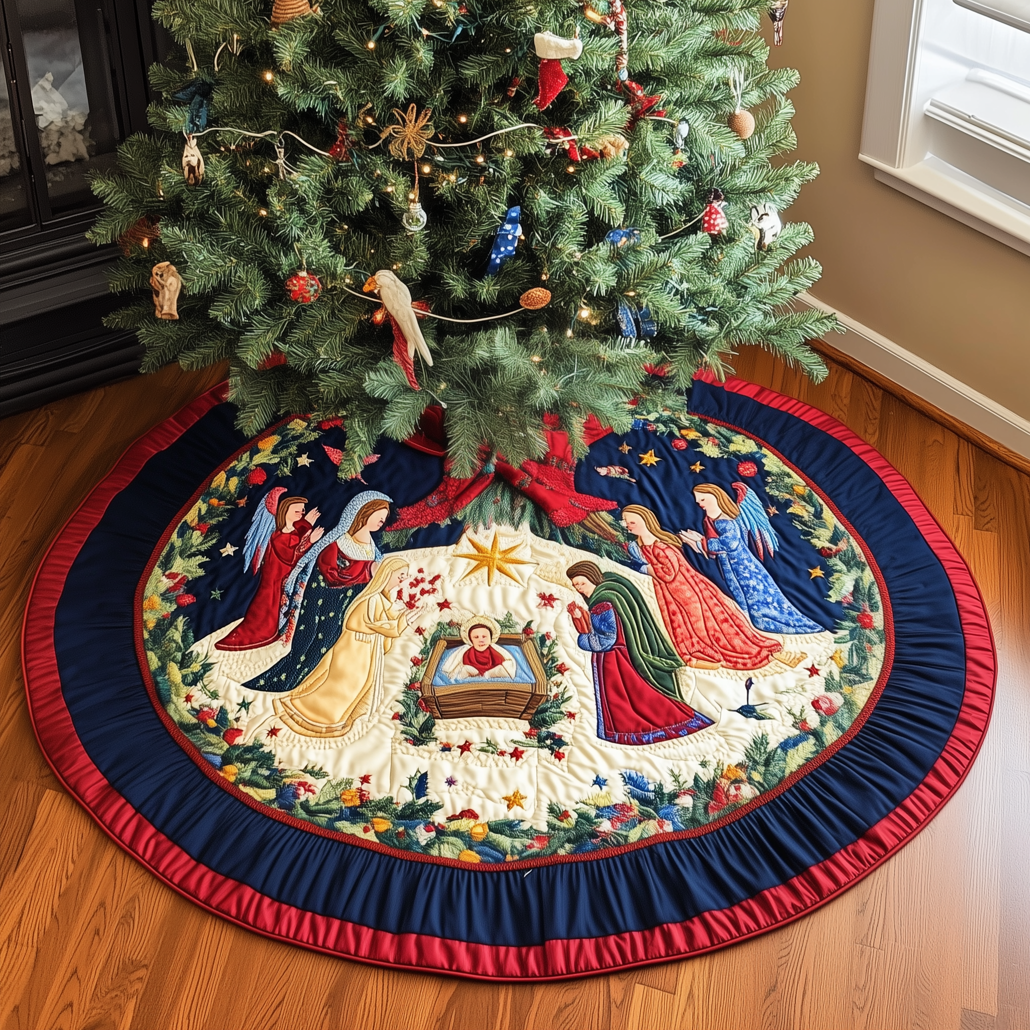 Christ's Arrival Quilted Tree Skirt Indoor Xmas Tree Decorations Nativity Scene Home Decorations-1