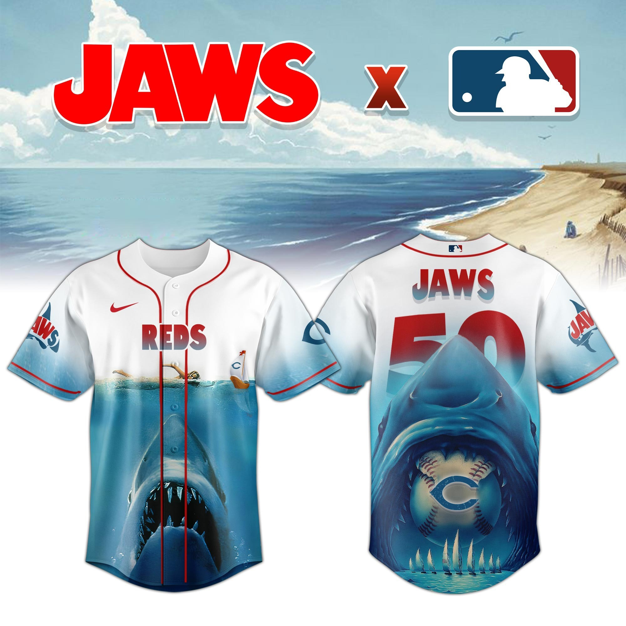 Cincinnati Reds x JAWS 50Th Anniversary Jersey MLB Movie Jaws Fan Merch Gift Ideas-1 Cincinnati Reds x JAWS 50Th Anniversary Jersey MLB Movie Jaws Fan Merch Gift Ideas-1