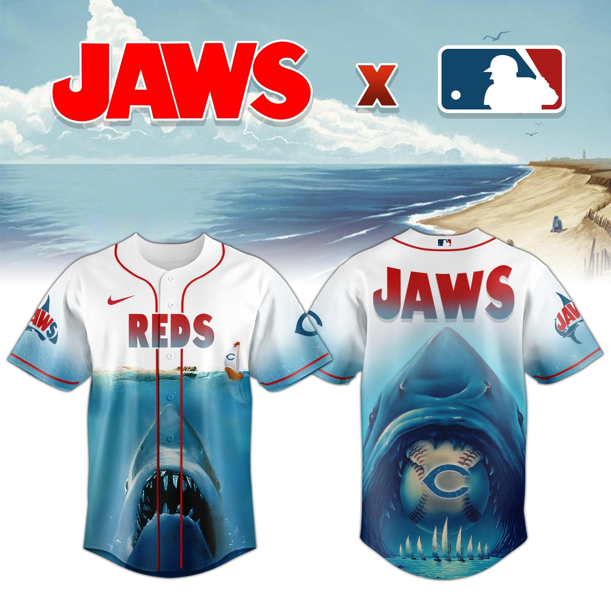 Cincinnati Reds x JAWS Jersey MLB Merch Baseball Lovers Themed Gifts For Jaws Fans-1 Cincinnati Reds x JAWS Jersey MLB Merch Baseball Lovers Themed Gifts For Jaws Fans-1